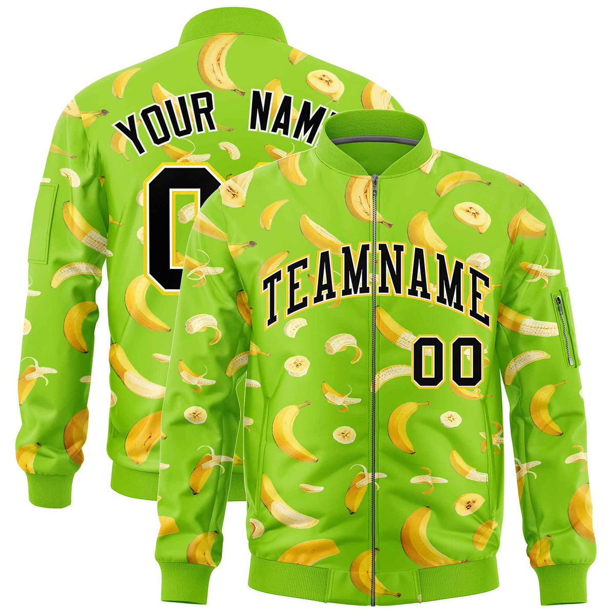 Custom Neon Green Varsity Full-Zip Banana Pattern Letterman Bomber Jacket | Graffiti Pattern | Embroidery&amp;Dye-sublimation printing | KXKSHOP