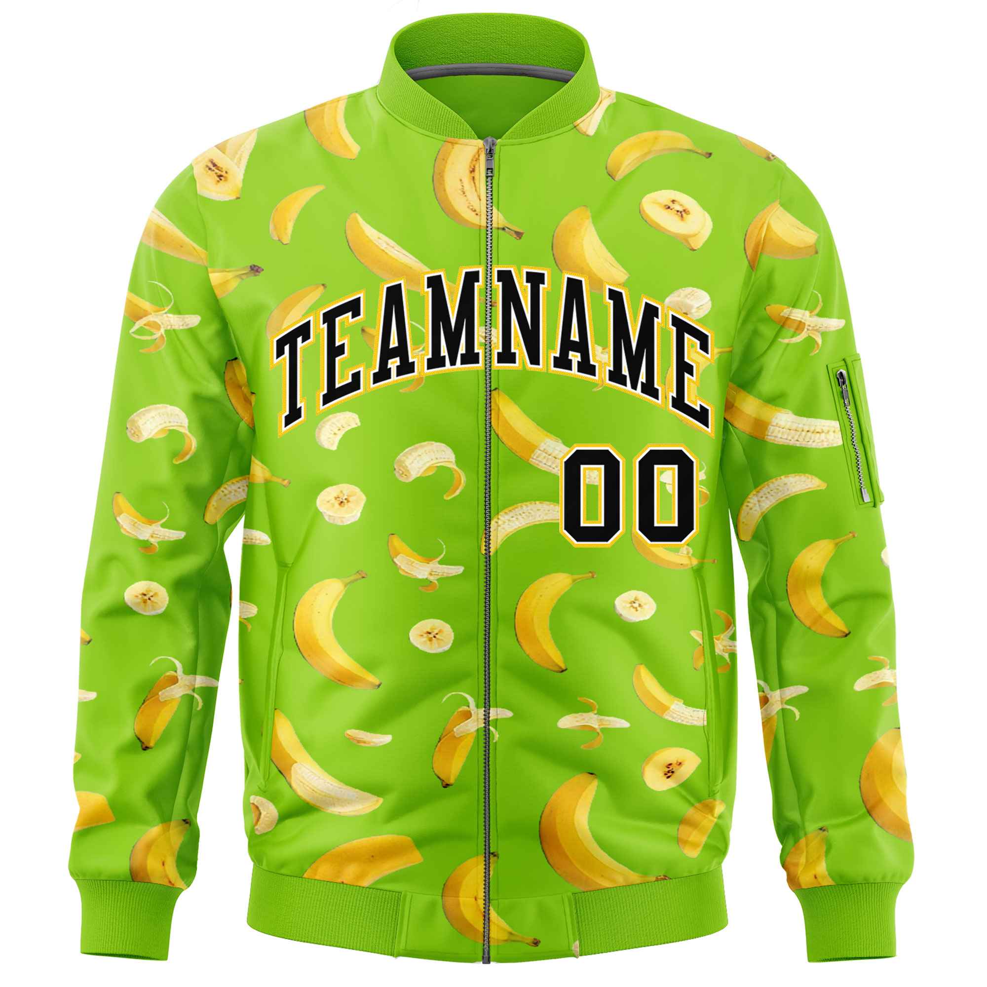 Custom Neon Green Varsity Full-Zip Banana Pattern Letterman Bomber Jacket | Graffiti Pattern | Embroidery&Dye-sublimation printing | KXKSHOP