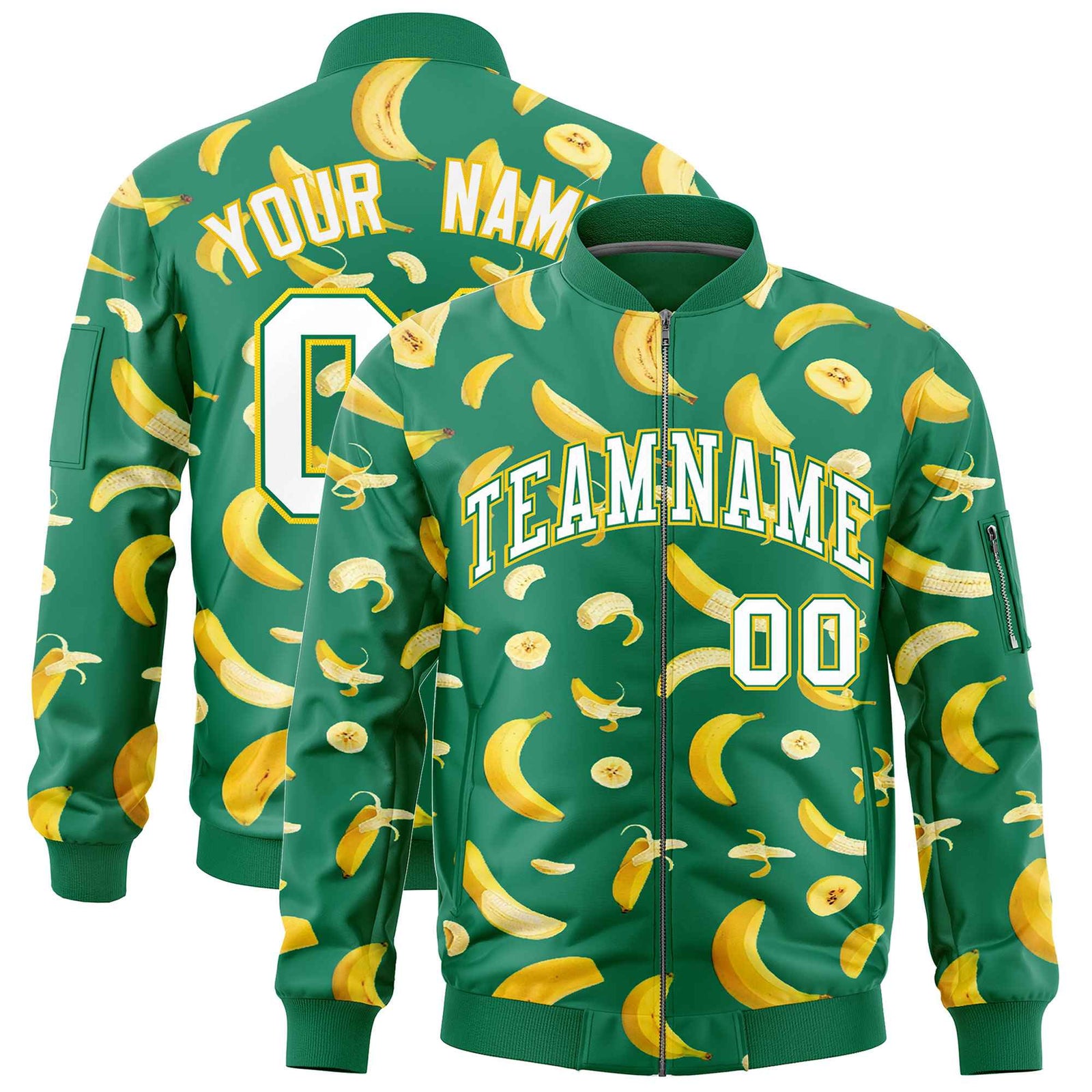 Custom Kelly Green Varsity Full-Zip Banana Pattern Letterman Bomber Jacket | Graffiti Pattern | Embroidery&Dye-sublimation printing | KXKSHOP