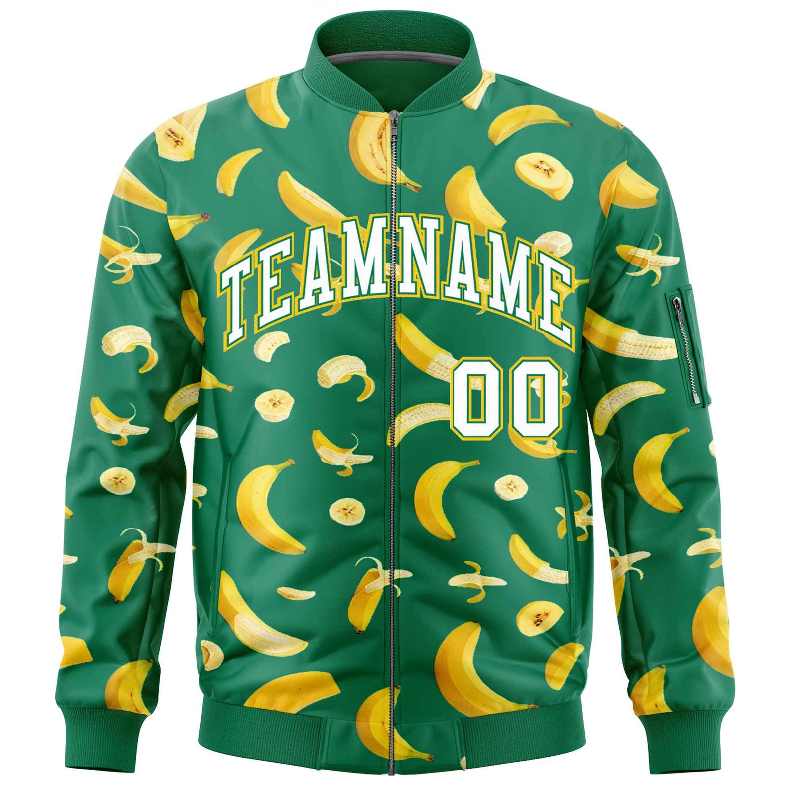 Custom Kelly Green Varsity Full-Zip Banana Pattern Letterman Bomber Jacket | Graffiti Pattern | Embroidery&Dye-sublimation printing | KXKSHOP