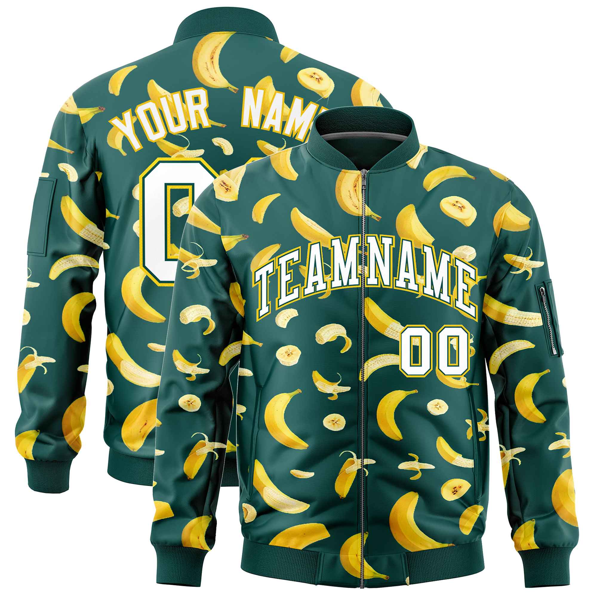 Custom Midnight Green Varsity Full-Zip Banana Pattern Letterman Bomber Jacket | Graffiti Pattern | Embroidery&Dye-sublimation printing | KXKSHOP