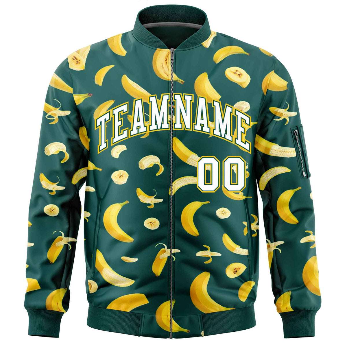 Custom Midnight Green Varsity Full-Zip Banana Pattern Letterman Bomber Jacket | Graffiti Pattern | Embroidery&amp;Dye-sublimation printing | KXKSHOP