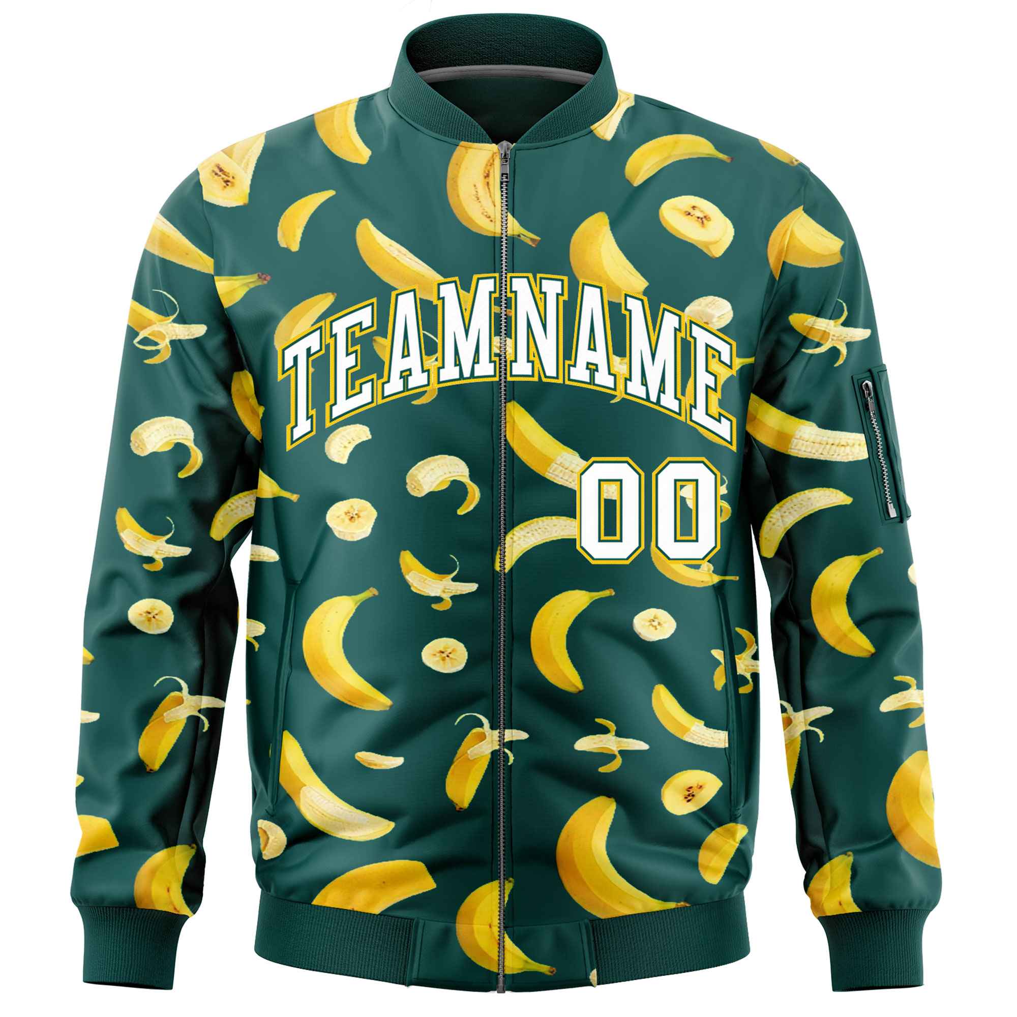 Custom Midnight Green Varsity Full-Zip Banana Pattern Letterman Bomber Jacket | Graffiti Pattern | Embroidery&Dye-sublimation printing | KXKSHOP