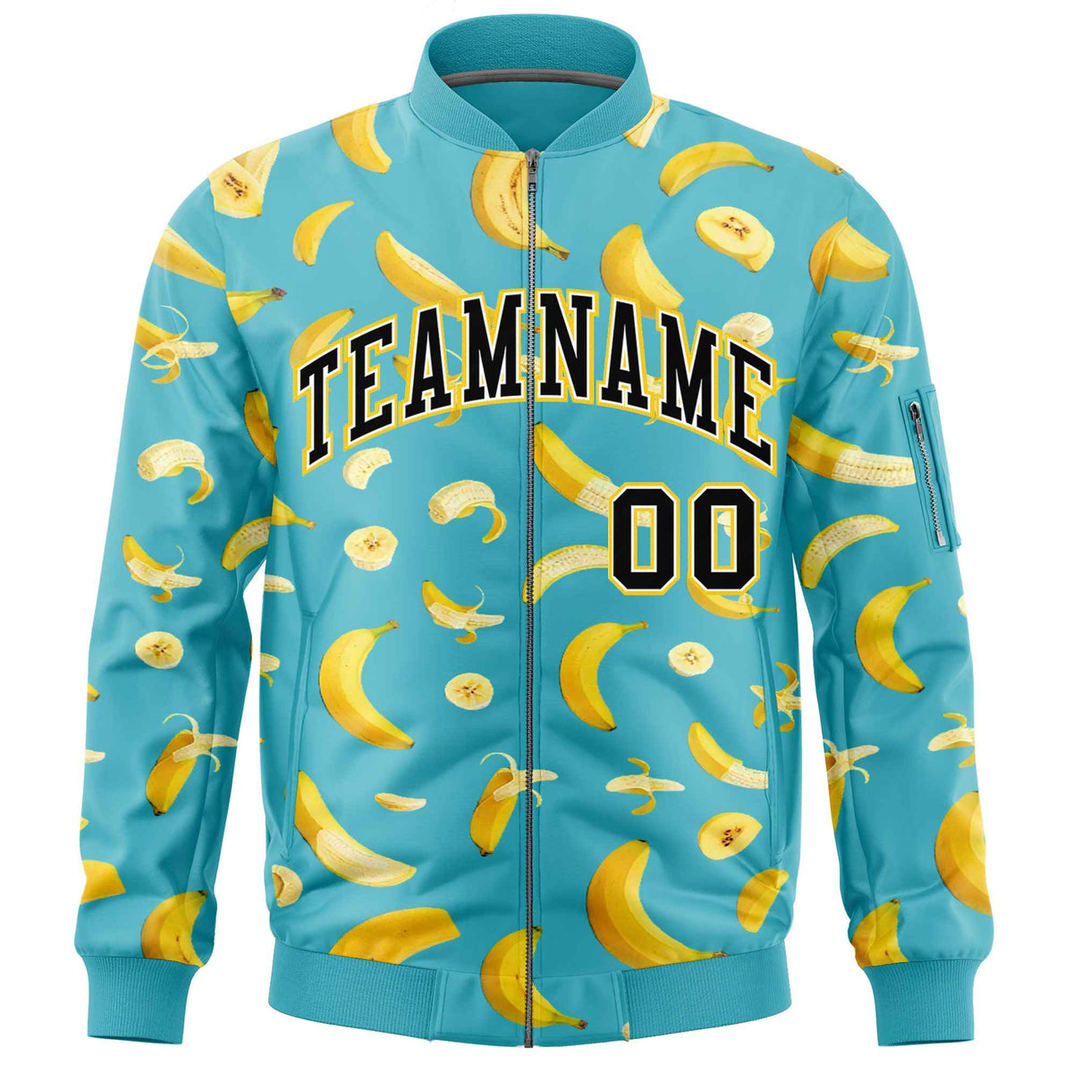 Custom Sky Blue Varsity Full-Zip Banana Pattern Letterman Bomber Jacket | Graffiti Pattern | Embroidery&amp;Dye-sublimation printing | KXKSHOP