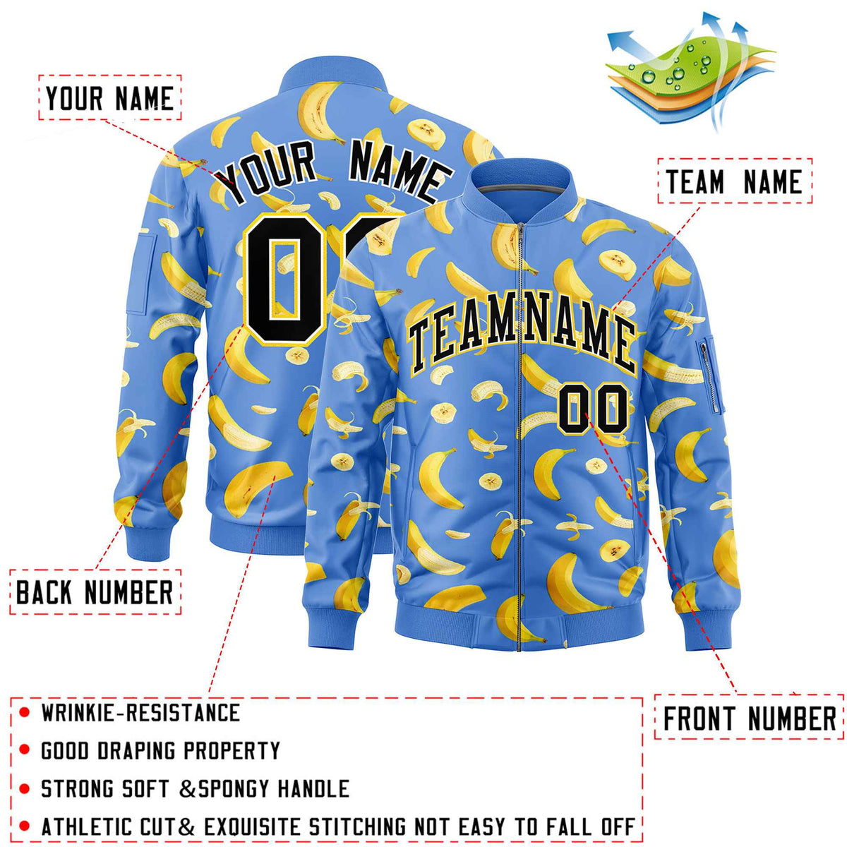 Custom Powder Blue Varsity Full-Zip Banana Pattern Letterman Bomber Jacket | Graffiti Pattern | Embroidery&amp;Dye-sublimation printing | KXKSHOP