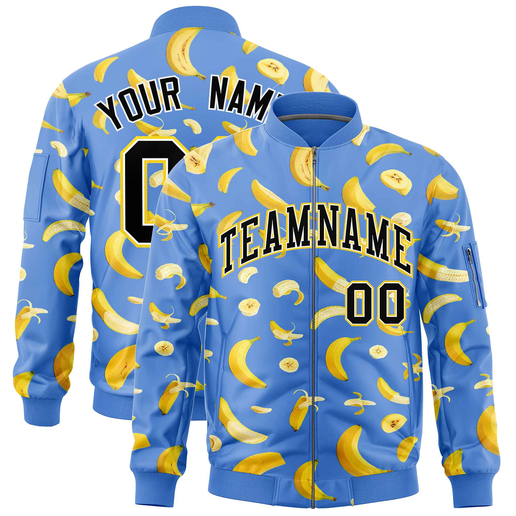 Custom Powder Blue Varsity Full-Zip Banana Pattern Letterman Bomber Jacket | Graffiti Pattern | Embroidery&Dye-sublimation printing | KXKSHOP