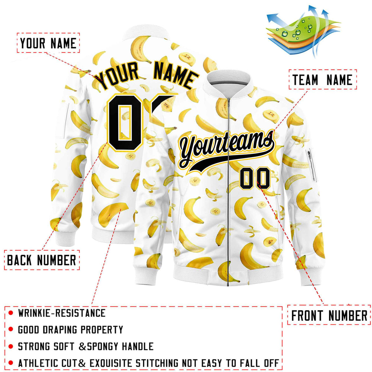 Custom White Varsity Full-Zip Banana Pattern Letterman Bomber Jacket | Graffiti Pattern | Embroidery&amp;Dye-sublimation printing | KXKSHOP