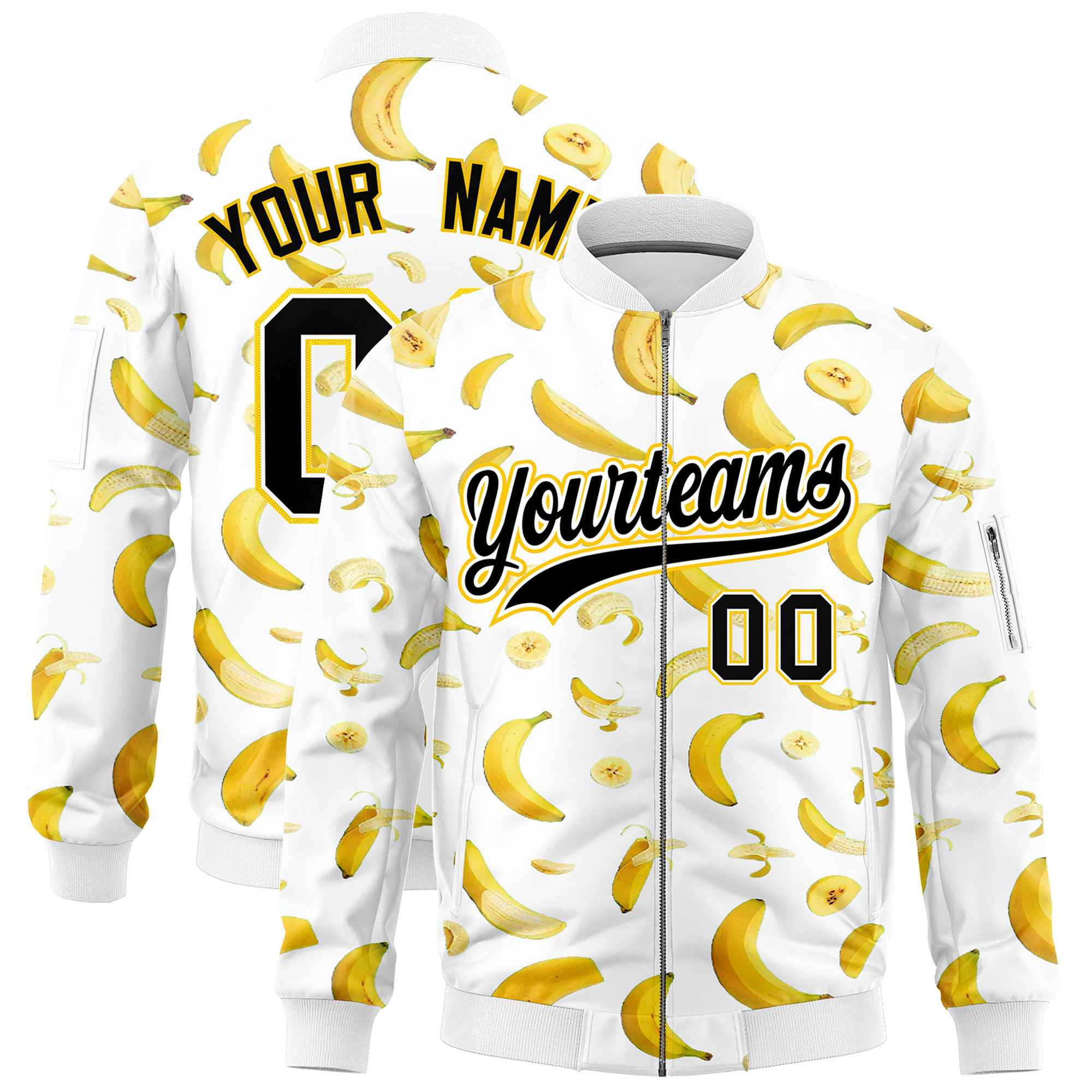Custom White Varsity Full-Zip Banana Pattern Letterman Bomber Jacket | Graffiti Pattern | Embroidery&Dye-sublimation printing | KXKSHOP