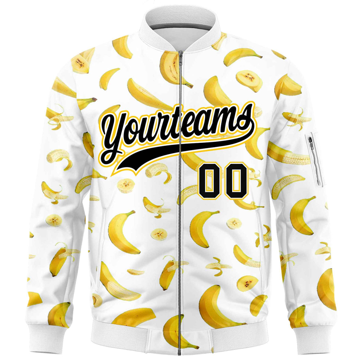 Custom White Varsity Full-Zip Banana Pattern Letterman Bomber Jacket | Graffiti Pattern | Embroidery&amp;Dye-sublimation printing | KXKSHOP