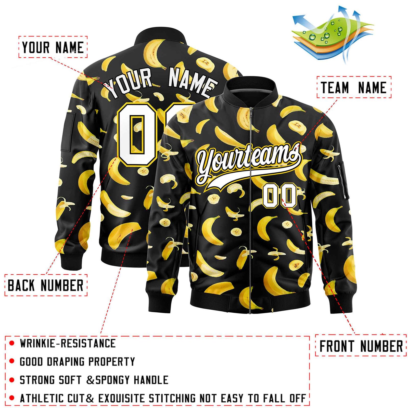 Custom Black Varsity Full-Zip Banana Pattern Letterman Bomber Jacket | Graffiti Pattern | Embroidery&Dye-sublimation printing | KXKSHOP