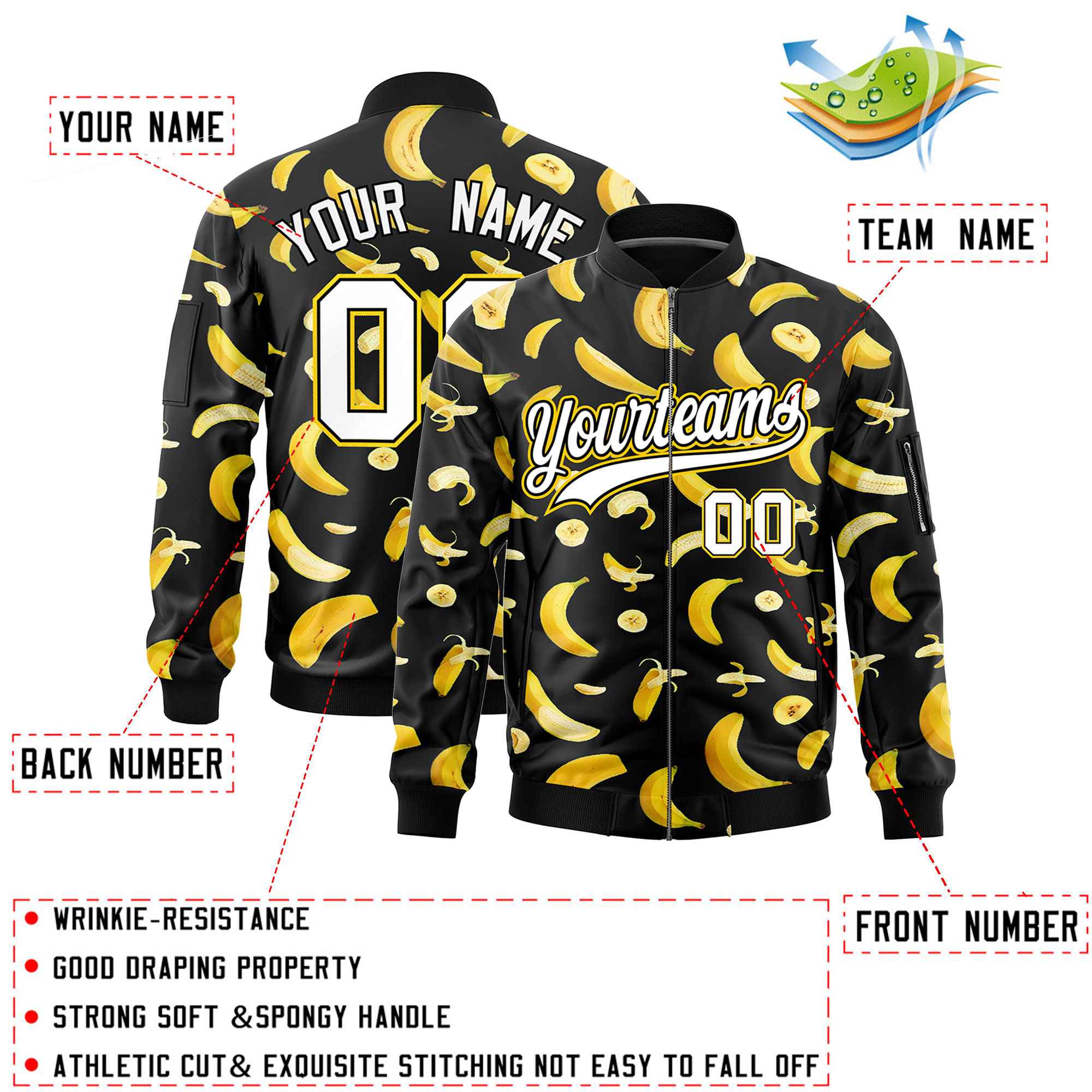 Custom Black Varsity Full-Zip Banana Pattern Letterman Bomber Jacket | Graffiti Pattern | Embroidery&Dye-sublimation printing | KXKSHOP