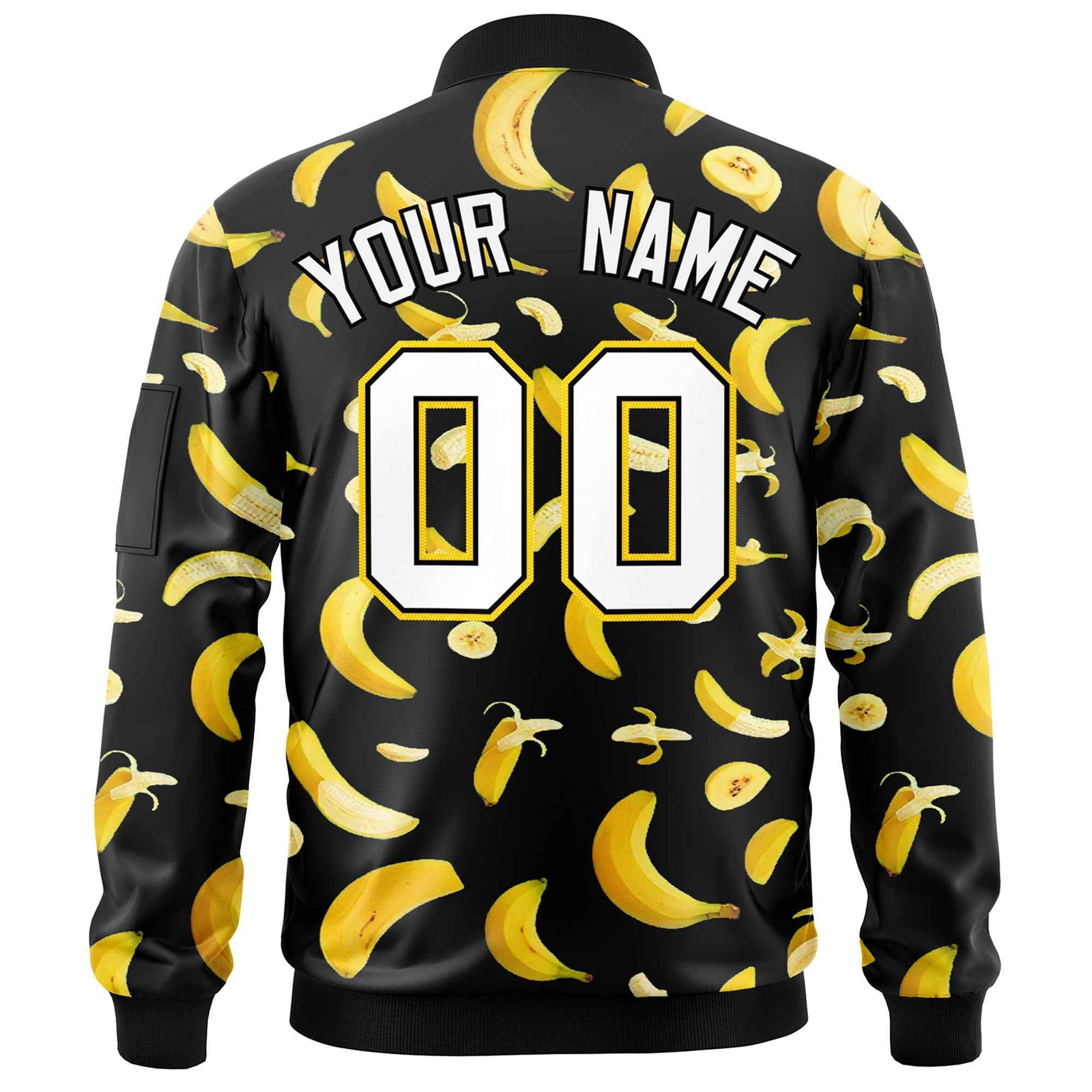 Custom Black Varsity Full-Zip Banana Pattern Letterman Bomber Jacket | Graffiti Pattern | Embroidery&Dye-sublimation printing | KXKSHOP
