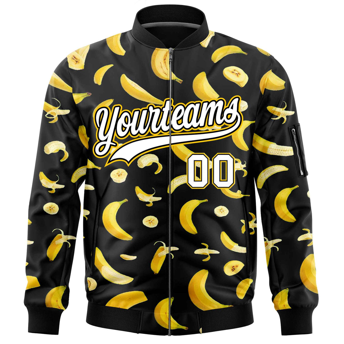 Custom Black Varsity Full-Zip Banana Pattern Letterman Bomber Jacket | Graffiti Pattern | Embroidery&amp;Dye-sublimation printing | KXKSHOP