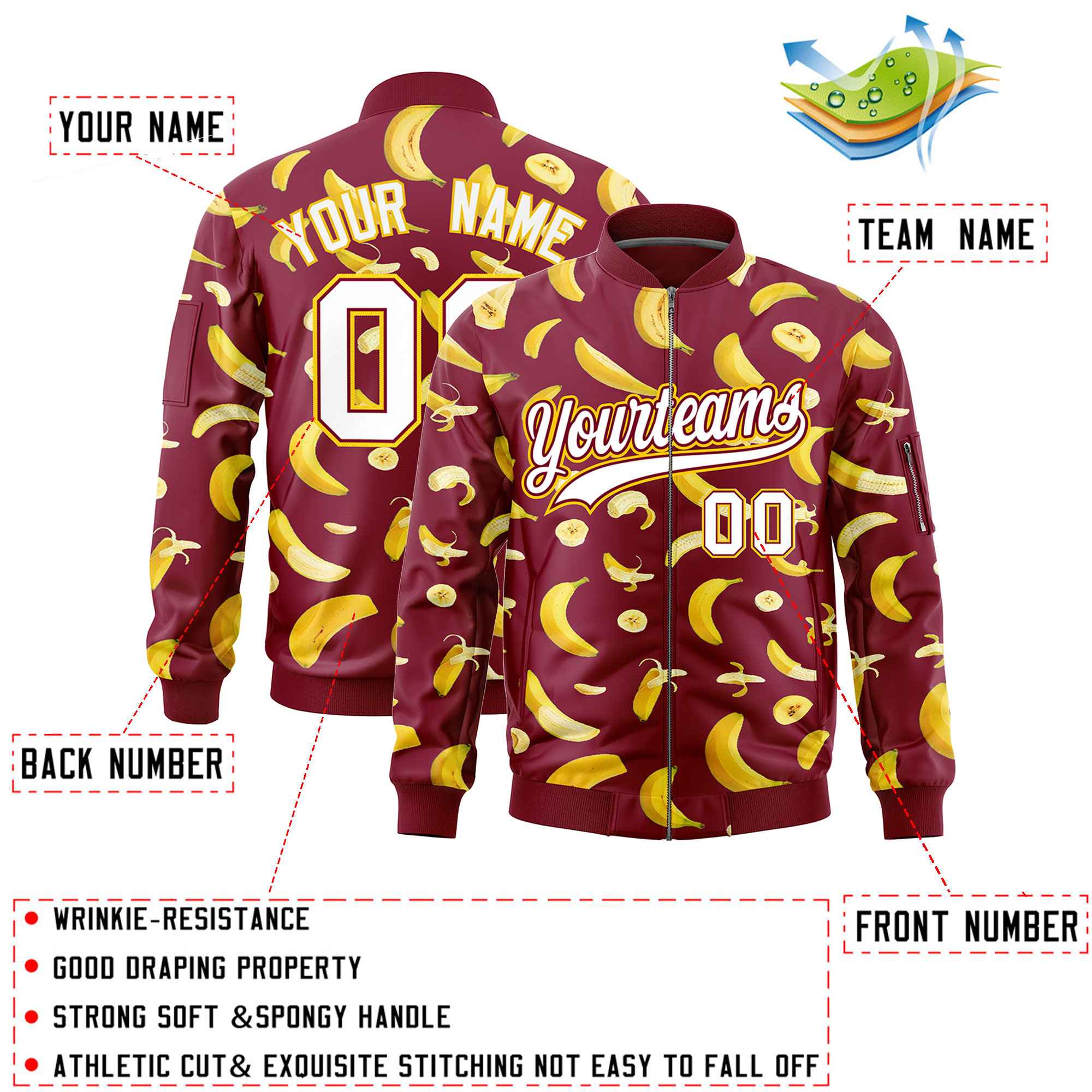 Custom Crimson Varsity Full-Zip Banana Pattern Letterman Bomber Jacket | Graffiti Pattern | Embroidery&Dye-sublimation printing | KXKSHOP