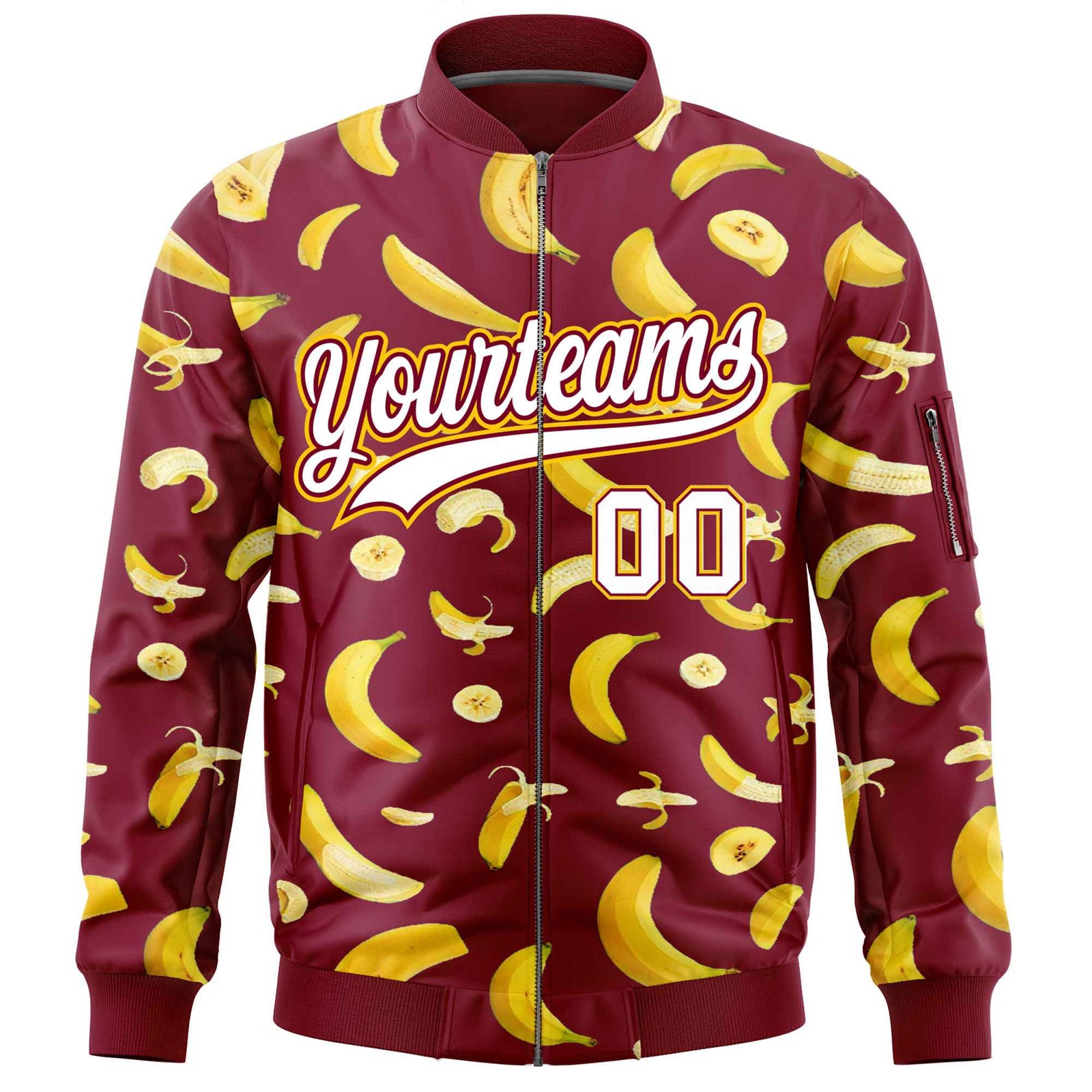 Custom Crimson Varsity Full-Zip Banana Pattern Letterman Bomber Jacket | Graffiti Pattern | Embroidery&Dye-sublimation printing | KXKSHOP