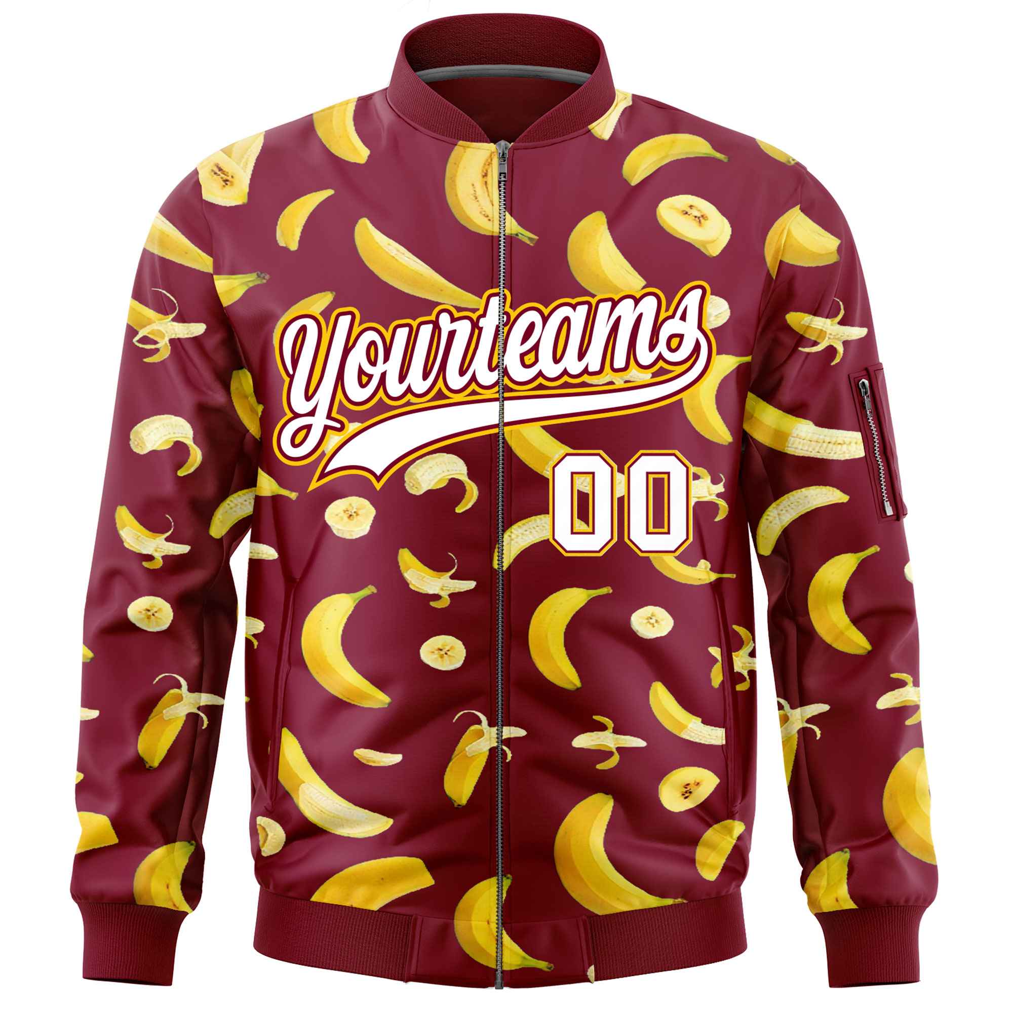 Custom Crimson Varsity Full-Zip Banana Pattern Letterman Bomber Jacket | Graffiti Pattern | Embroidery&Dye-sublimation printing | KXKSHOP