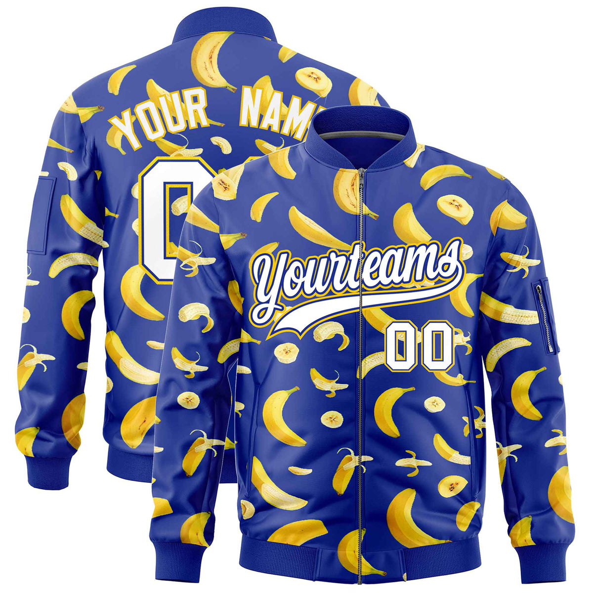 Custom Royal Blue Varsity Full-Zip Banana Pattern Letterman Bomber Jacket | Graffiti Pattern | Embroidery&amp;Dye-sublimation printing | KXKSHOP