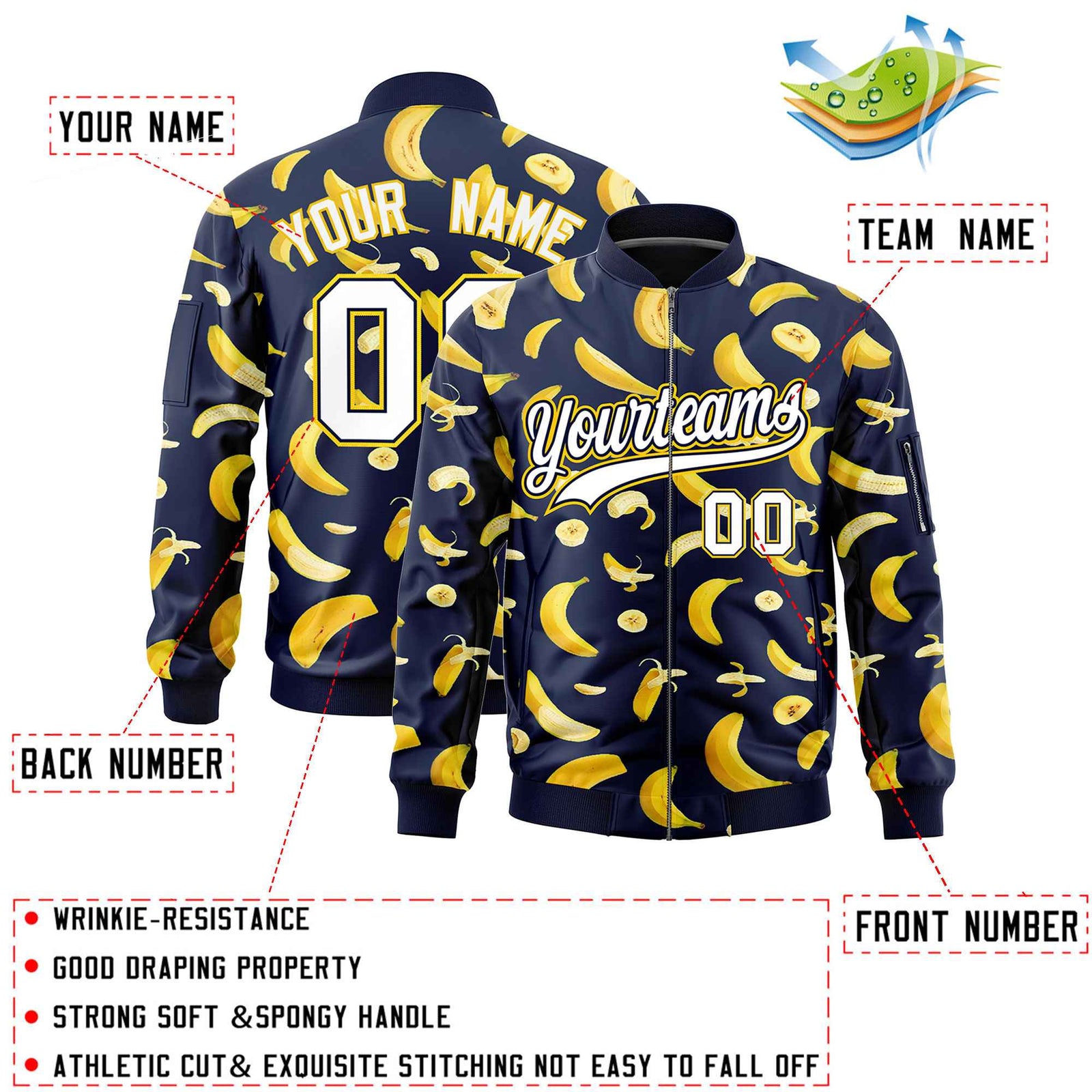 Custom Navy Varsity Full-Zip Banana Pattern Letterman Bomber Jacket | Graffiti Pattern | Embroidery&Dye-sublimation printing | KXKSHOP