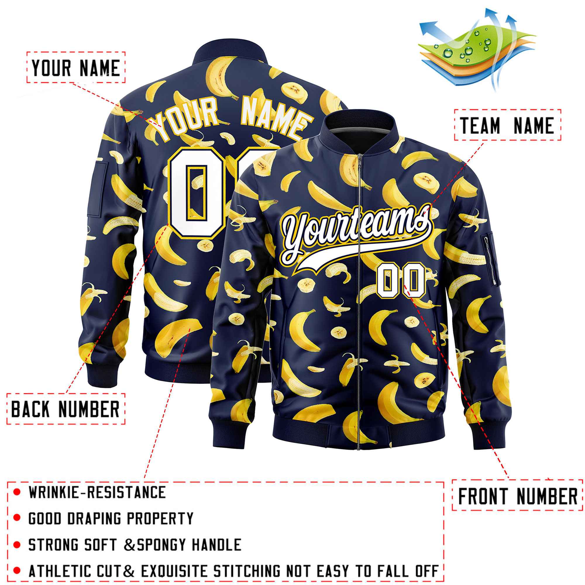 Custom Navy Varsity Full-Zip Banana Pattern Letterman Bomber Jacket | Graffiti Pattern | Embroidery&Dye-sublimation printing | KXKSHOP
