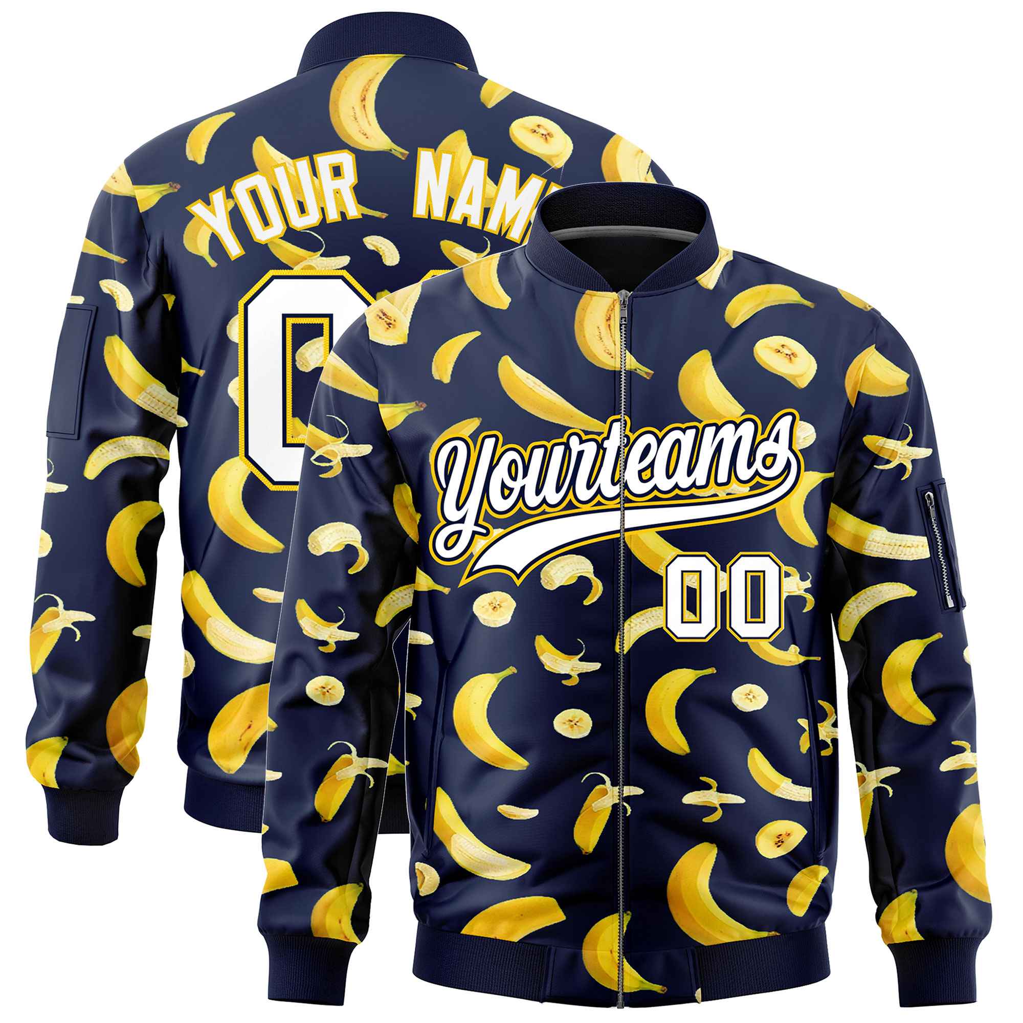 Custom Navy Varsity Full-Zip Banana Pattern Letterman Bomber Jacket | Graffiti Pattern | Embroidery&Dye-sublimation printing | KXKSHOP