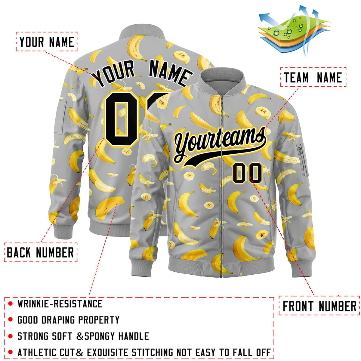 Custom Gray Varsity Full-Zip Banana Pattern Letterman Bomber Jacket | Graffiti Pattern | Embroidery&amp;Dye-sublimation printing | KXKSHOP