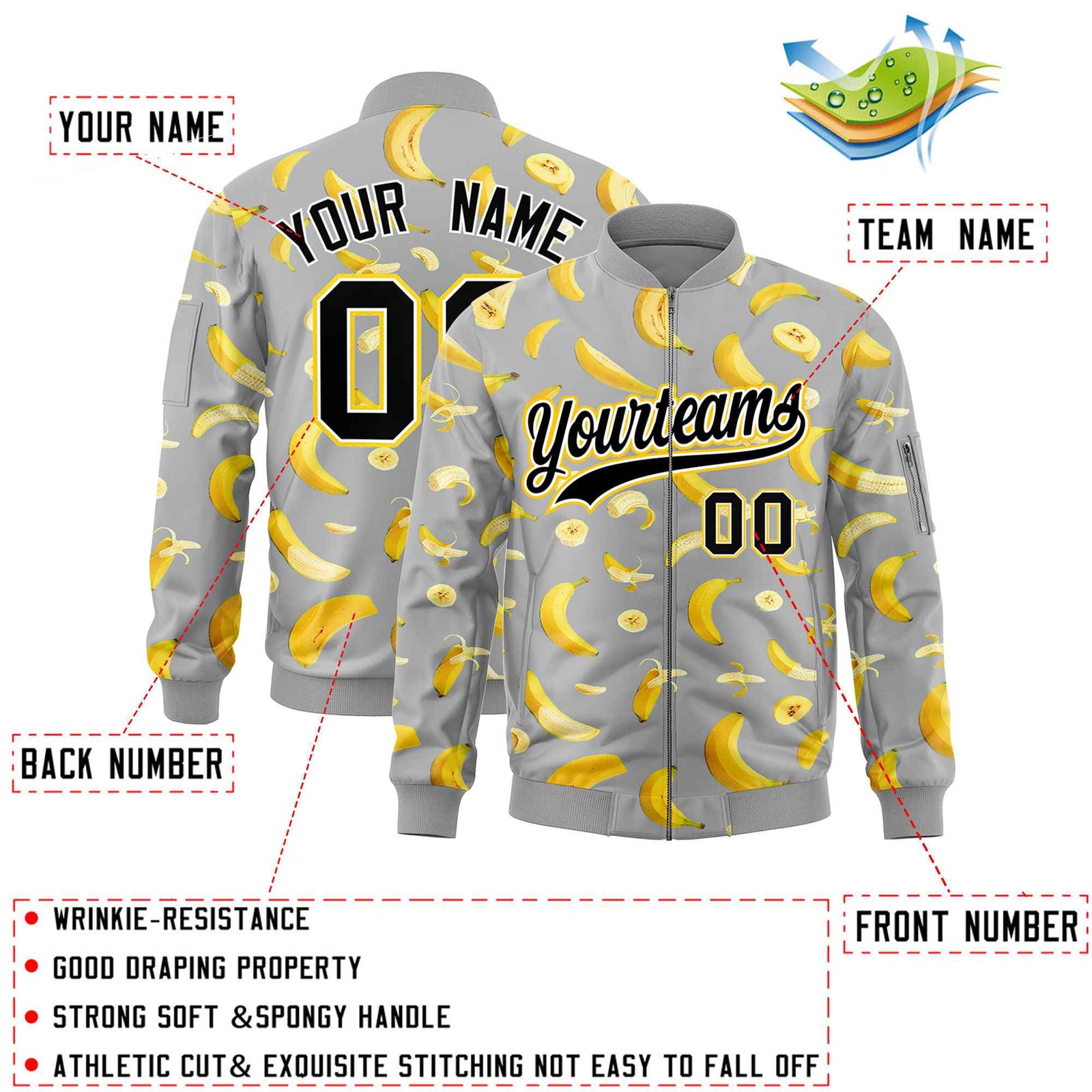 Custom Gray Varsity Full-Zip Banana Pattern Letterman Bomber Jacket | Graffiti Pattern | Embroidery&Dye-sublimation printing | KXKSHOP