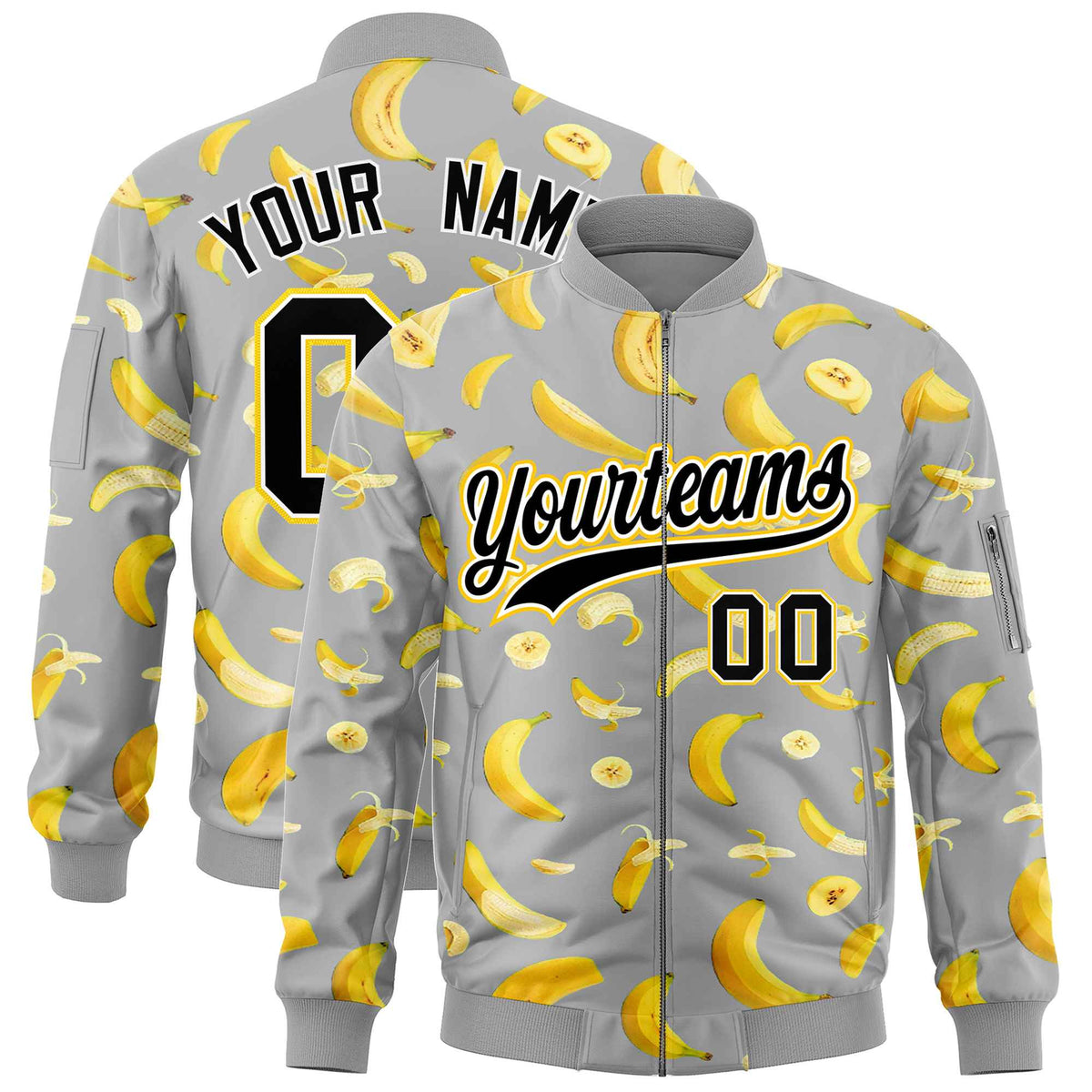 Custom Gray Varsity Full-Zip Banana Pattern Letterman Bomber Jacket | Graffiti Pattern | Embroidery&amp;Dye-sublimation printing | KXKSHOP