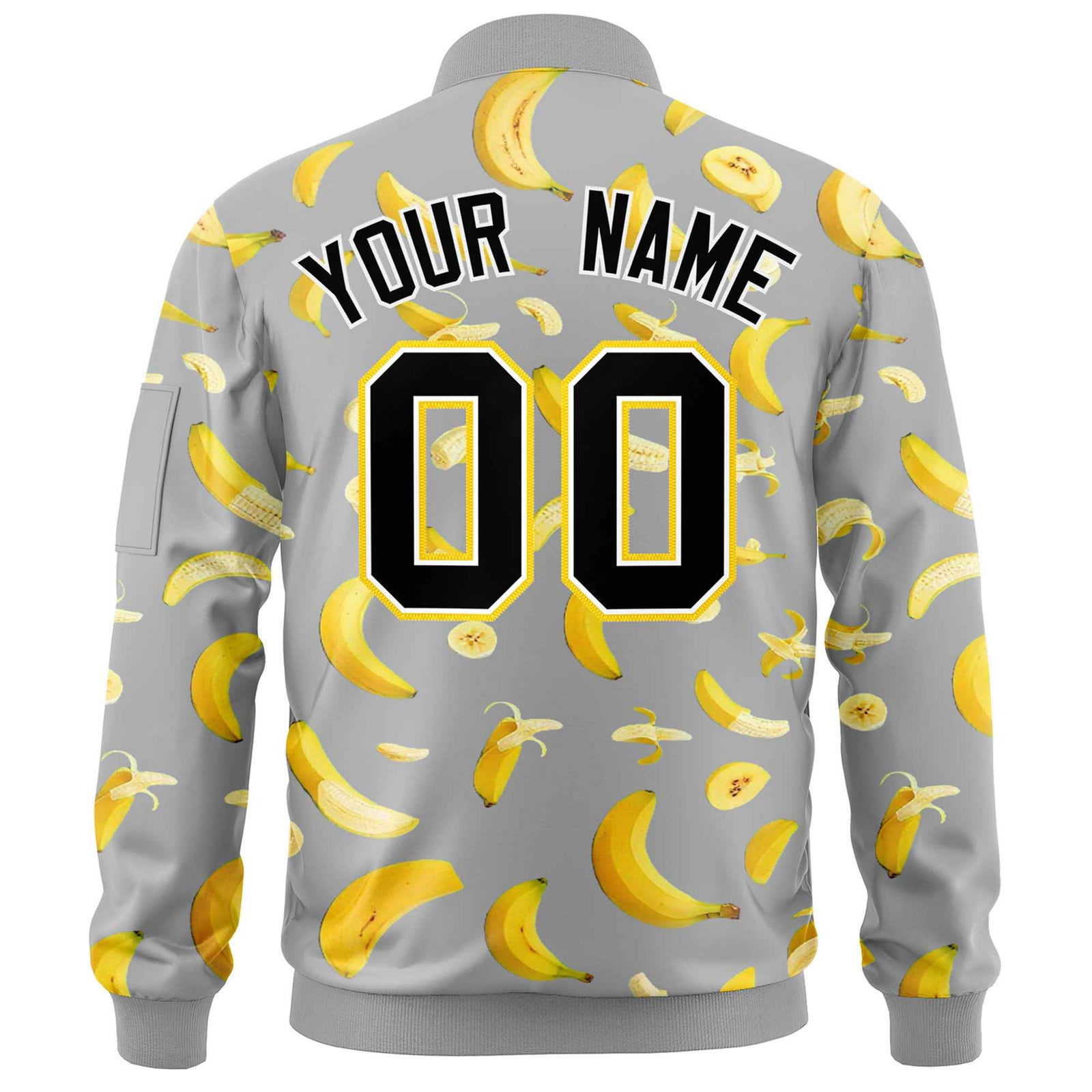 Custom Gray Varsity Full-Zip Banana Pattern Letterman Bomber Jacket | Graffiti Pattern | Embroidery&Dye-sublimation printing | KXKSHOP