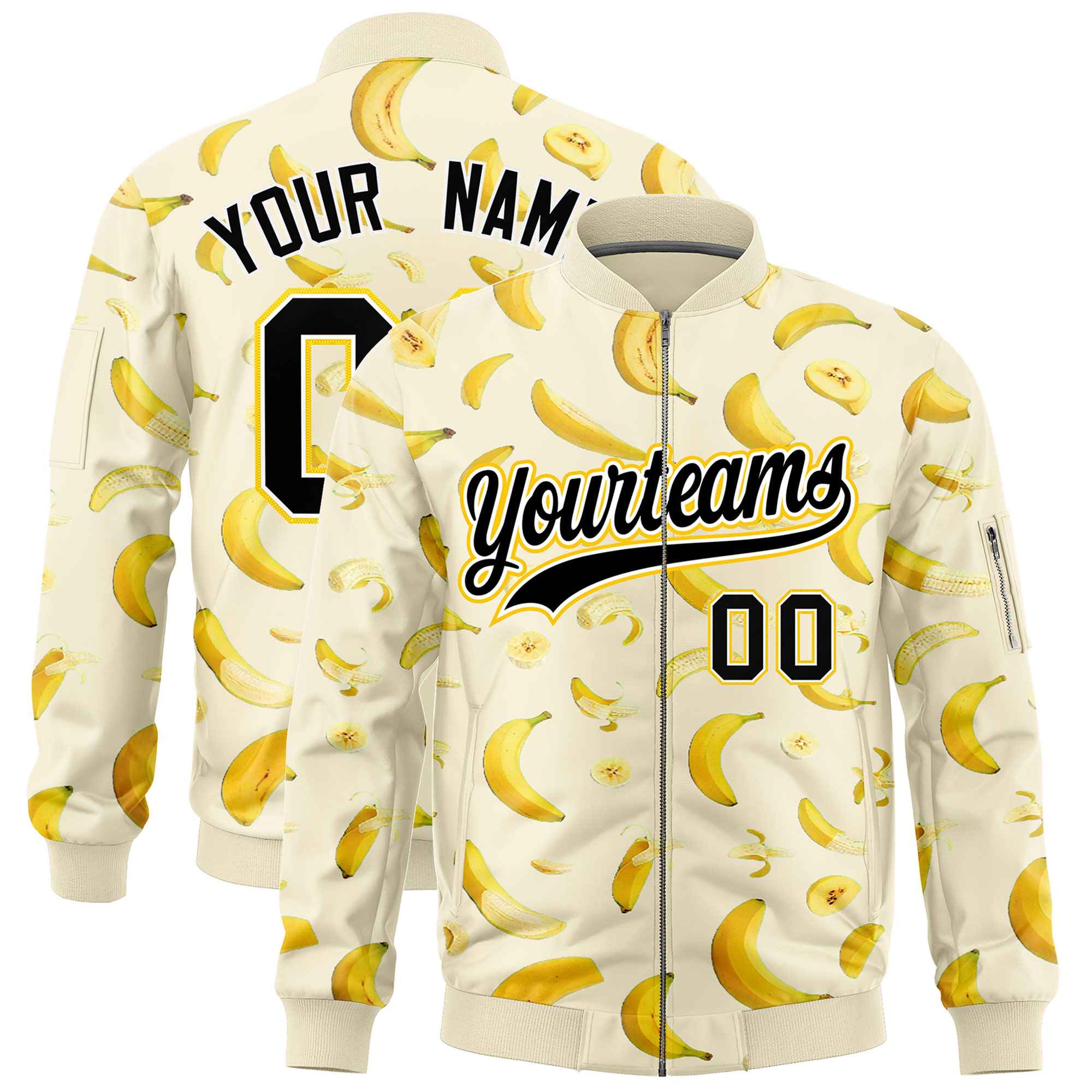 Custom Cream Varsity Full-Zip Banana Pattern Letterman Bomber Jacket | Graffiti Pattern | Embroidery&Dye-sublimation printing | KXKSHOP