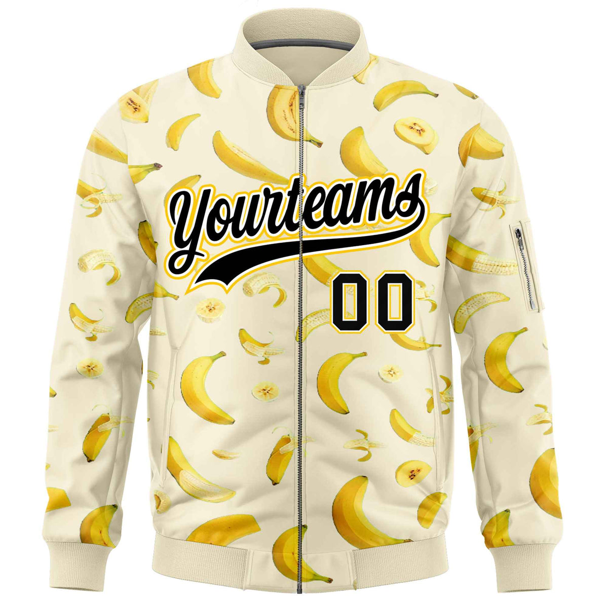 Custom Cream Varsity Full-Zip Banana Pattern Letterman Bomber Jacket | Graffiti Pattern | Embroidery&amp;Dye-sublimation printing | KXKSHOP