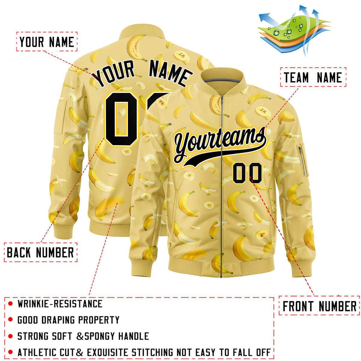 Custom Old Gold Varsity Full-Zip Banana Pattern Letterman Bomber Jacket | Graffiti Pattern | Embroidery&amp;Dye-sublimation printing | KXKSHOP