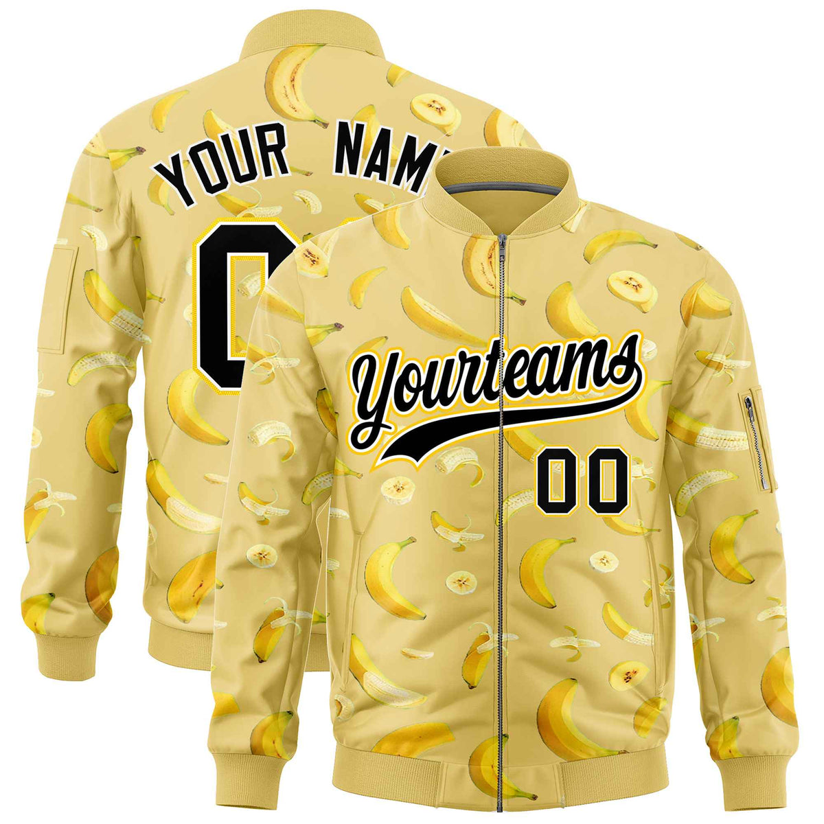 Custom Old Gold Varsity Full-Zip Banana Pattern Letterman Bomber Jacket | Graffiti Pattern | Embroidery&amp;Dye-sublimation printing | KXKSHOP