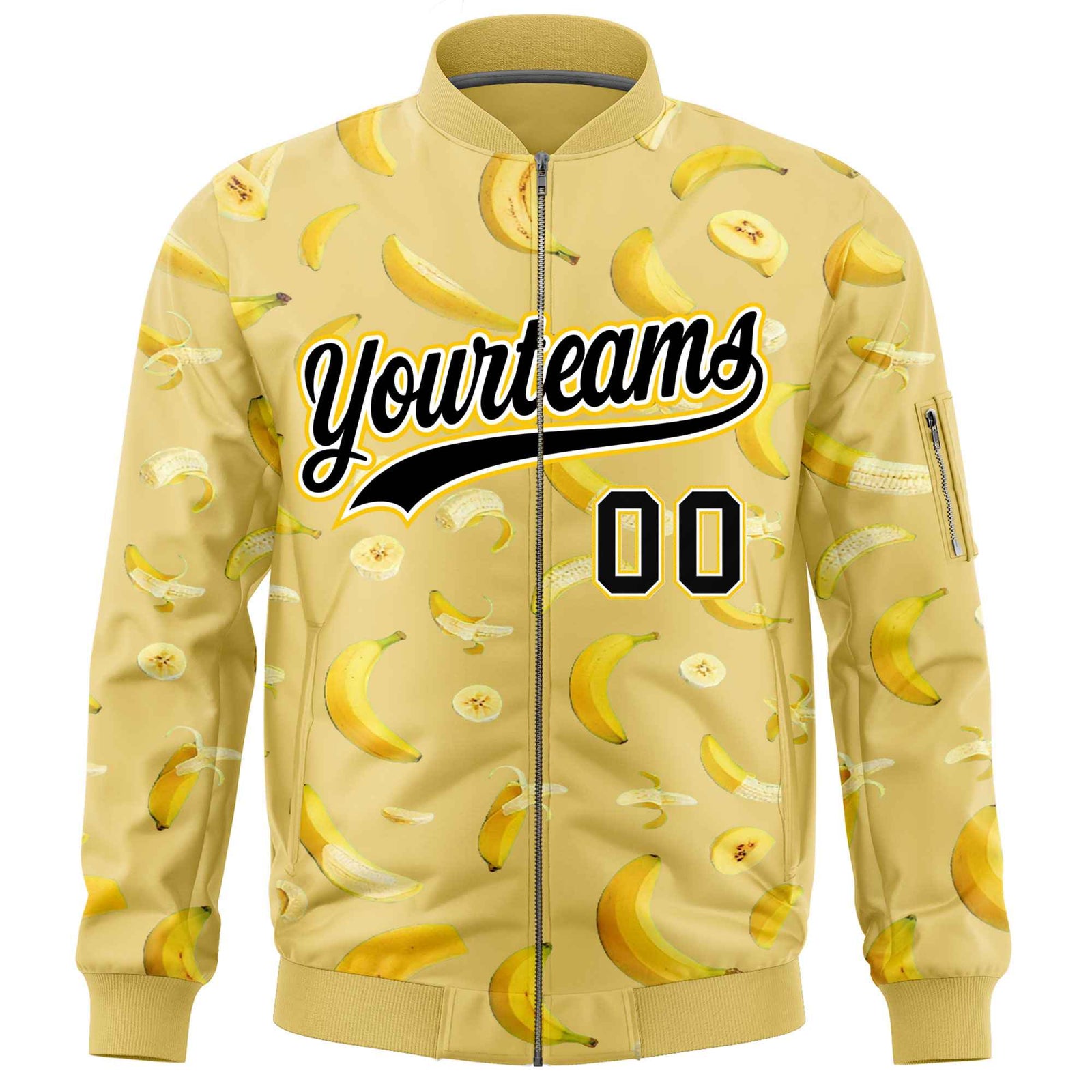 Custom Old Gold Varsity Full-Zip Banana Pattern Letterman Bomber Jacket | Graffiti Pattern | Embroidery&Dye-sublimation printing | KXKSHOP
