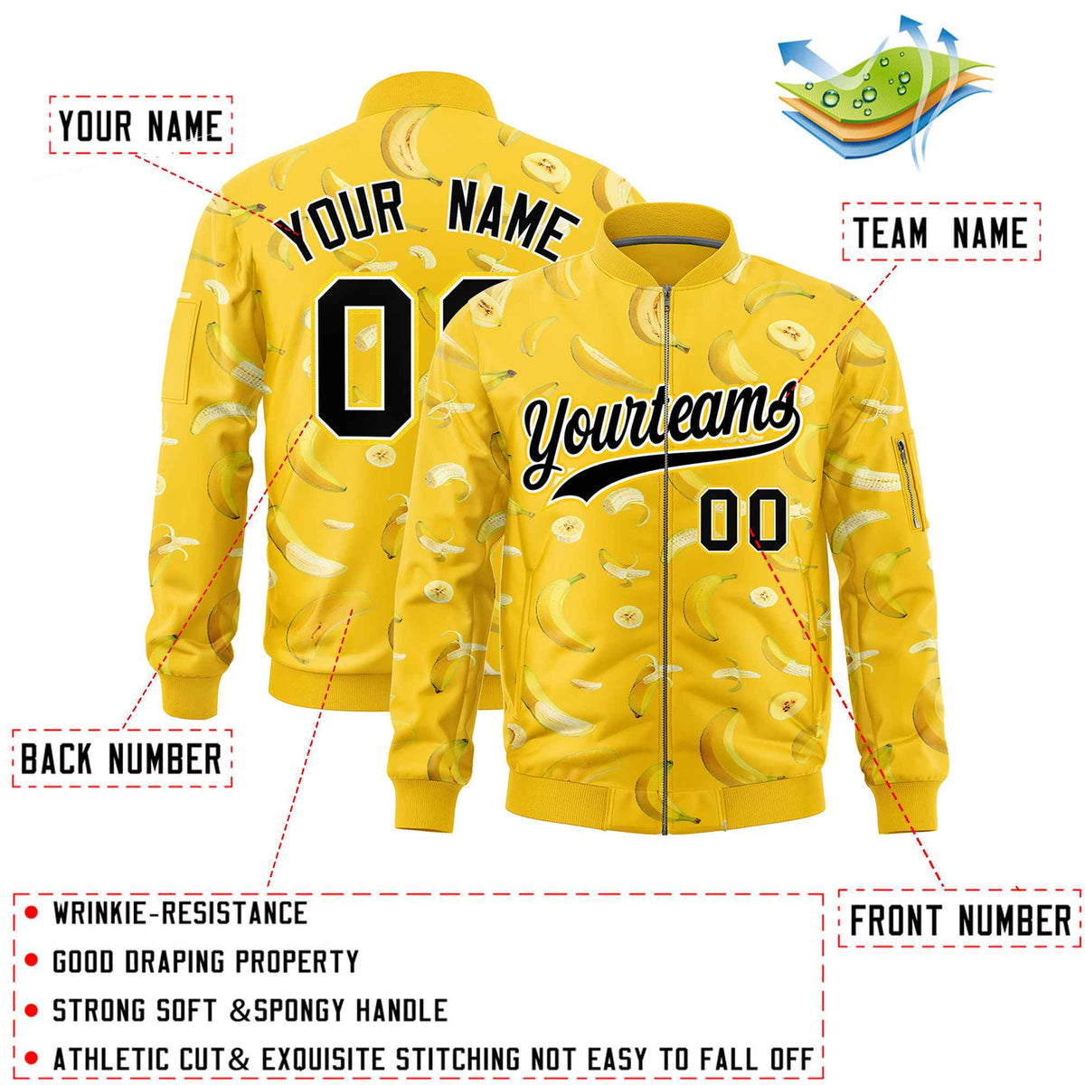 Custom Gold Varsity Full-Zip Banana Pattern Letterman Bomber Jacket | Graffiti Pattern | Embroidery&amp;Dye-sublimation printing | KXKSHOP