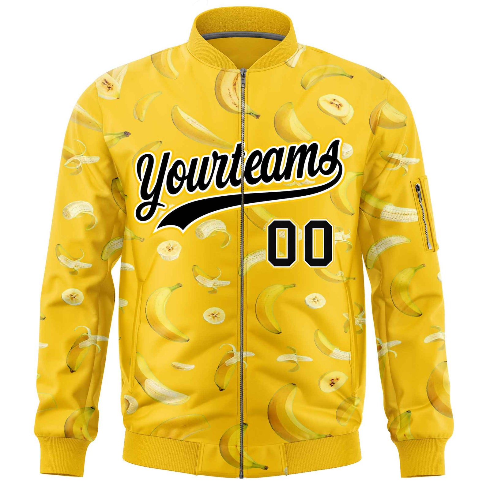 Custom Gold Varsity Full-Zip Banana Pattern Letterman Bomber Jacket | Graffiti Pattern | Embroidery&Dye-sublimation printing | KXKSHOP