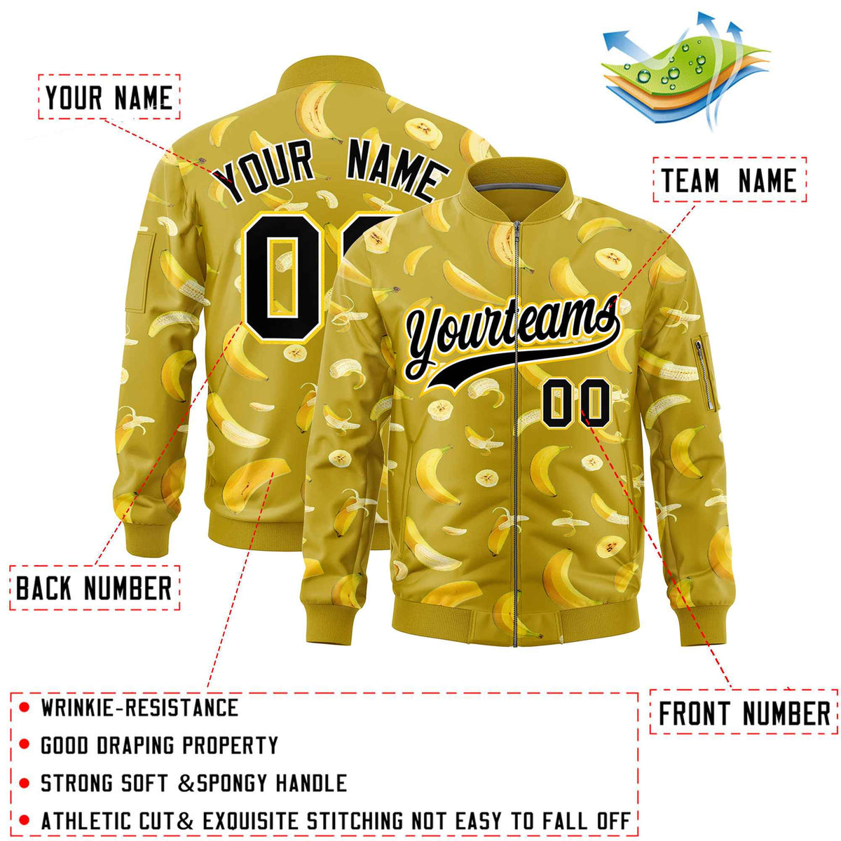 Custom Old Gold Varsity Full-Zip Banana Pattern Letterman Bomber Jacket | Graffiti Pattern | Embroidery&amp;Dye-sublimation printing | KXKSHOP