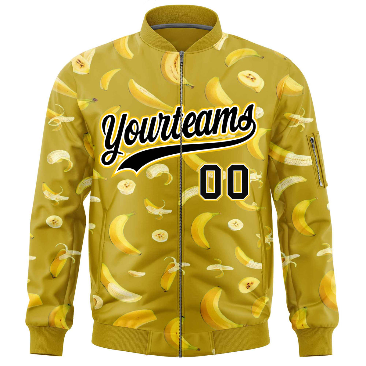 Custom Old Gold Varsity Full-Zip Banana Pattern Letterman Bomber Jacket | Graffiti Pattern | Embroidery&amp;Dye-sublimation printing | KXKSHOP
