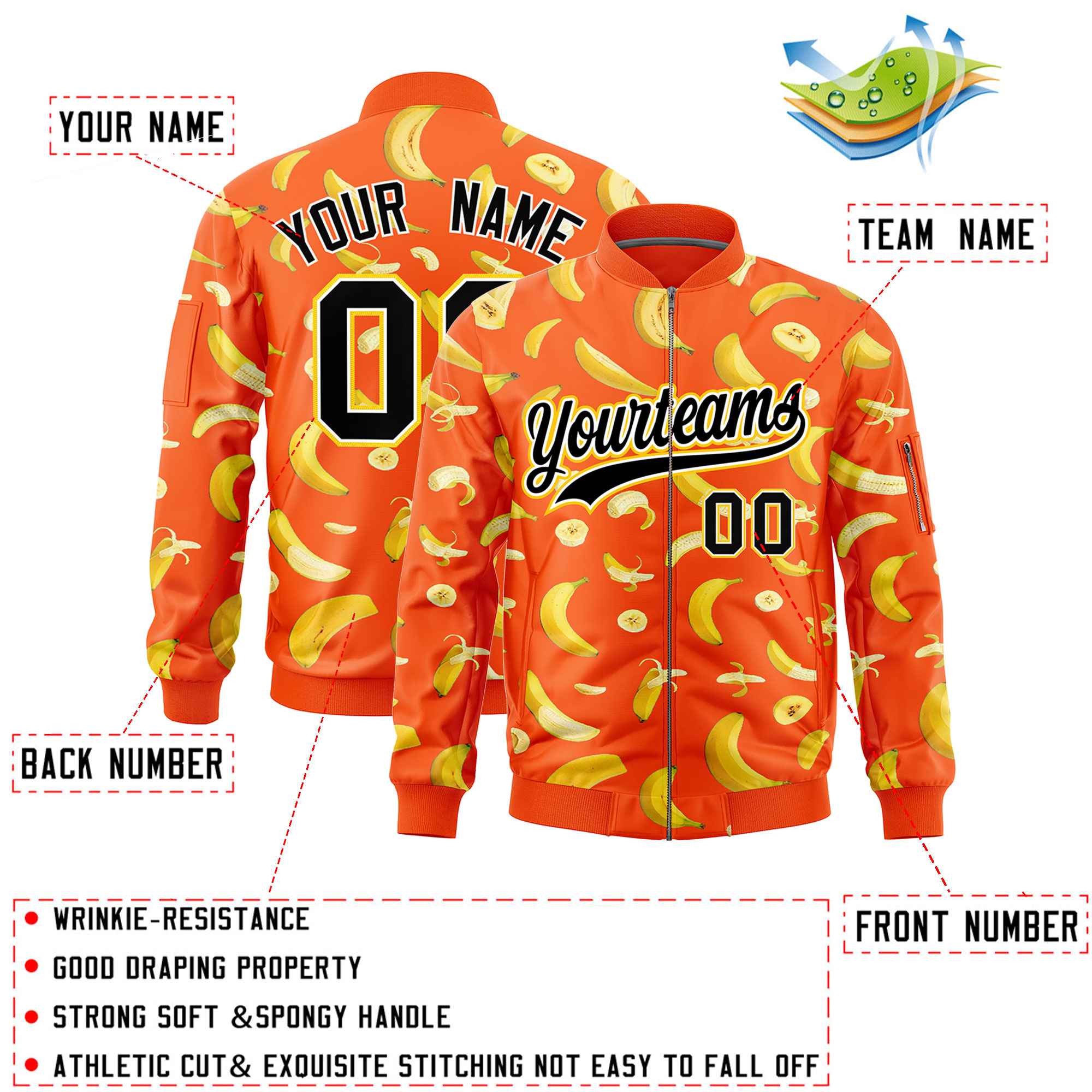 Custom Orange Varsity Full-Zip Banana Pattern Letterman Bomber Jacket | Graffiti Pattern | Embroidery&Dye-sublimation printing | KXKSHOP