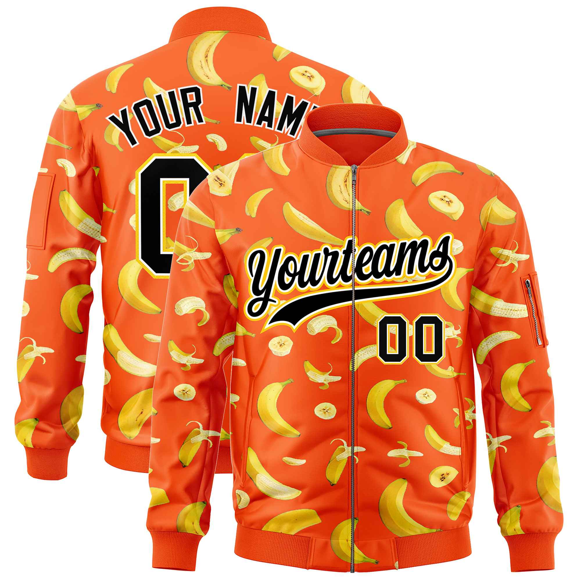 Custom Orange Varsity Full-Zip Banana Pattern Letterman Bomber Jacket | Graffiti Pattern | Embroidery&Dye-sublimation printing | KXKSHOP