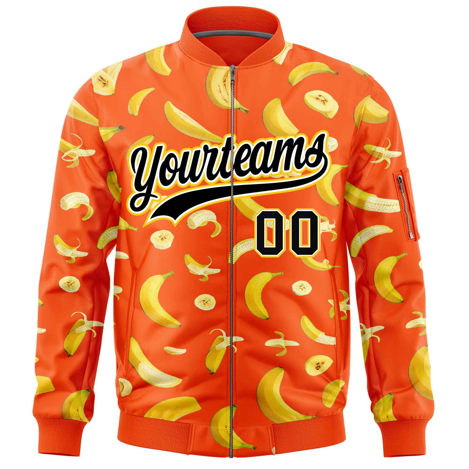 Custom Orange Varsity Full-Zip Banana Pattern Letterman Bomber Jacket | Graffiti Pattern | Embroidery&Dye-sublimation printing | KXKSHOP