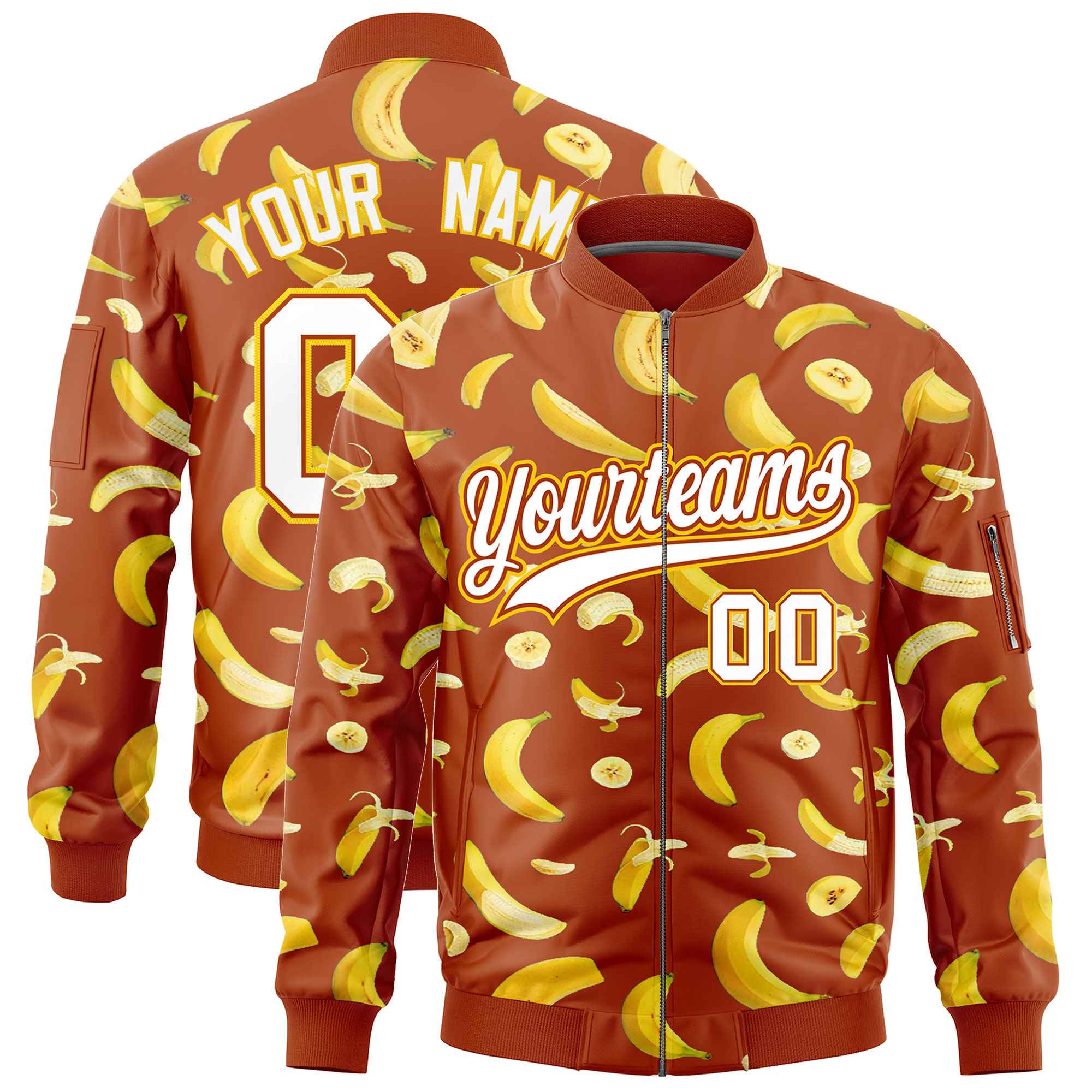 Custom Dark Orange Varsity Full-Zip Banana Pattern Letterman Bomber Jacket | Graffiti Pattern | Embroidery&Dye-sublimation printing | KXKSHOP