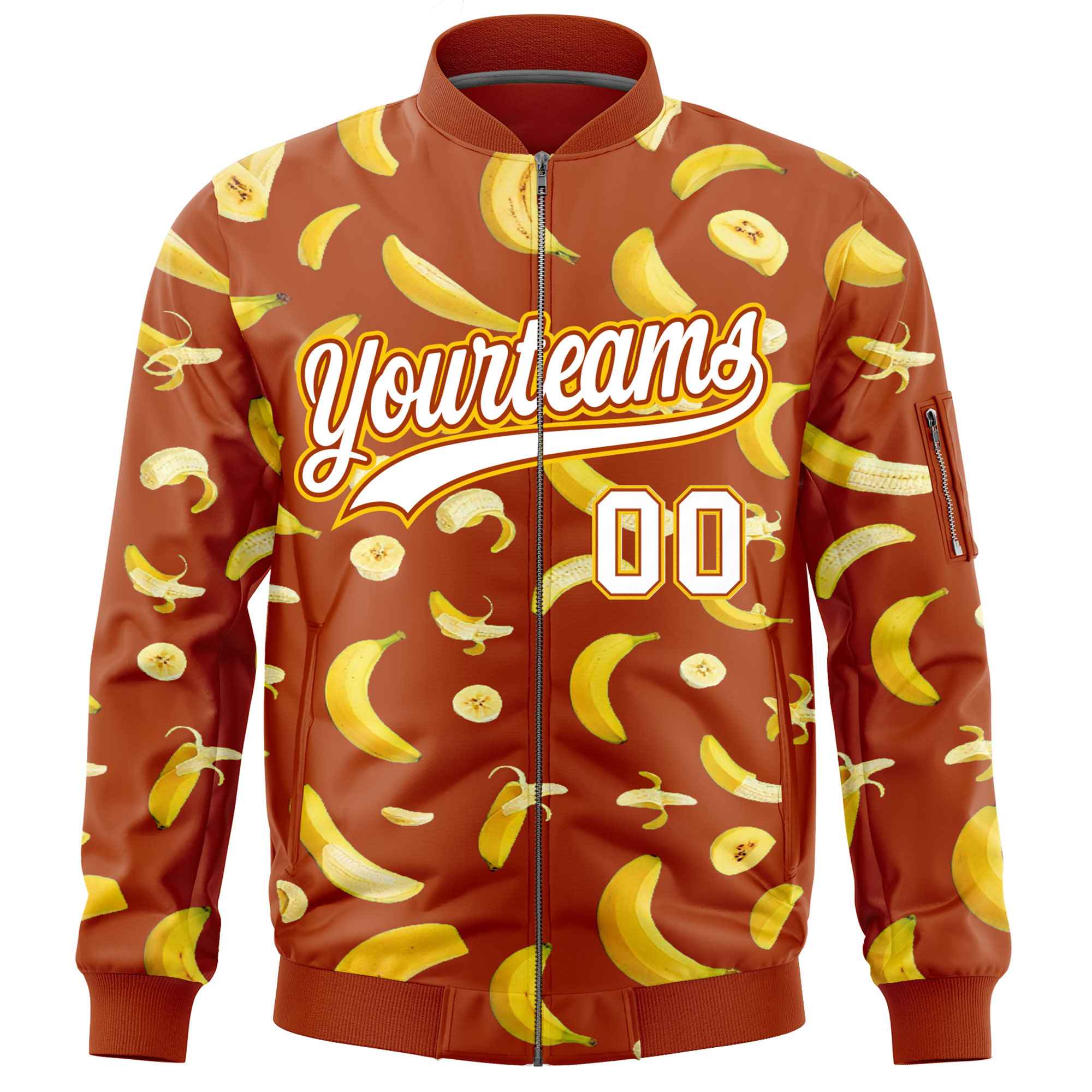 Custom Dark Orange Varsity Full-Zip Banana Pattern Letterman Bomber Jacket | Graffiti Pattern | Embroidery&Dye-sublimation printing | KXKSHOP