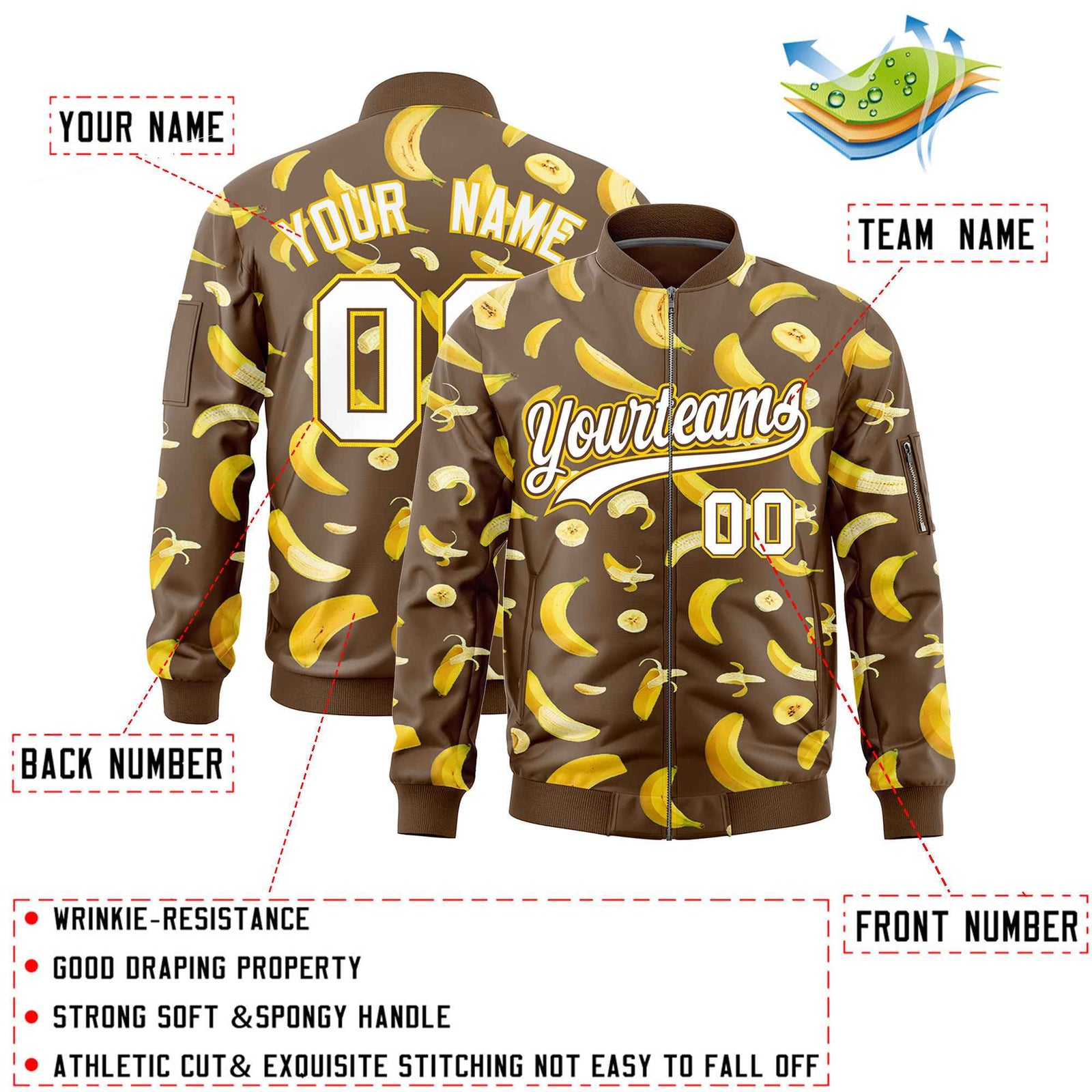 Custom Light Brown Varsity Full-Zip Banana Pattern Letterman Bomber Jacket | Graffiti Pattern | Embroidery&Dye-sublimation printing | KXKSHOP