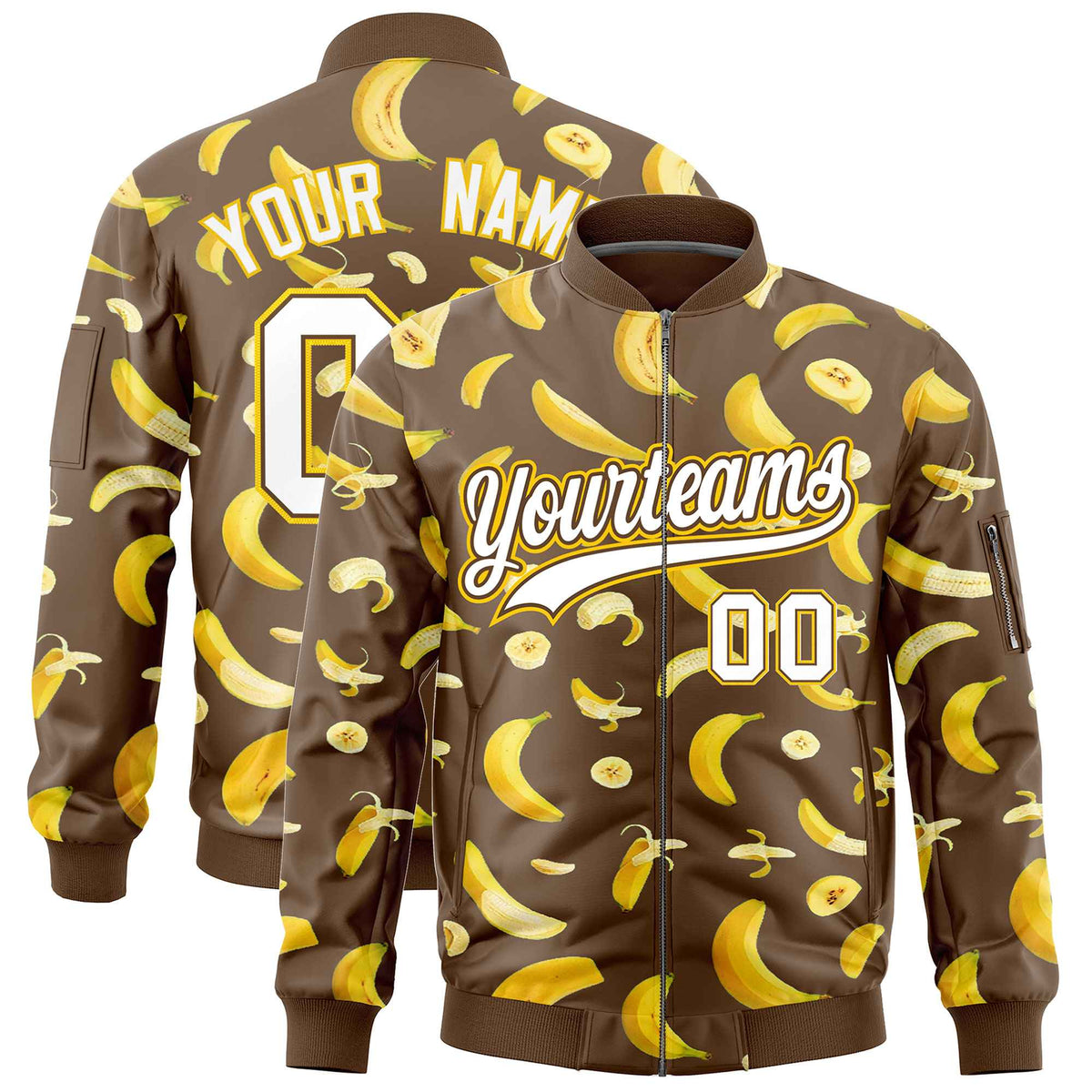Custom Light Brown Varsity Full-Zip Banana Pattern Letterman Bomber Jacket | Graffiti Pattern | Embroidery&amp;Dye-sublimation printing | KXKSHOP