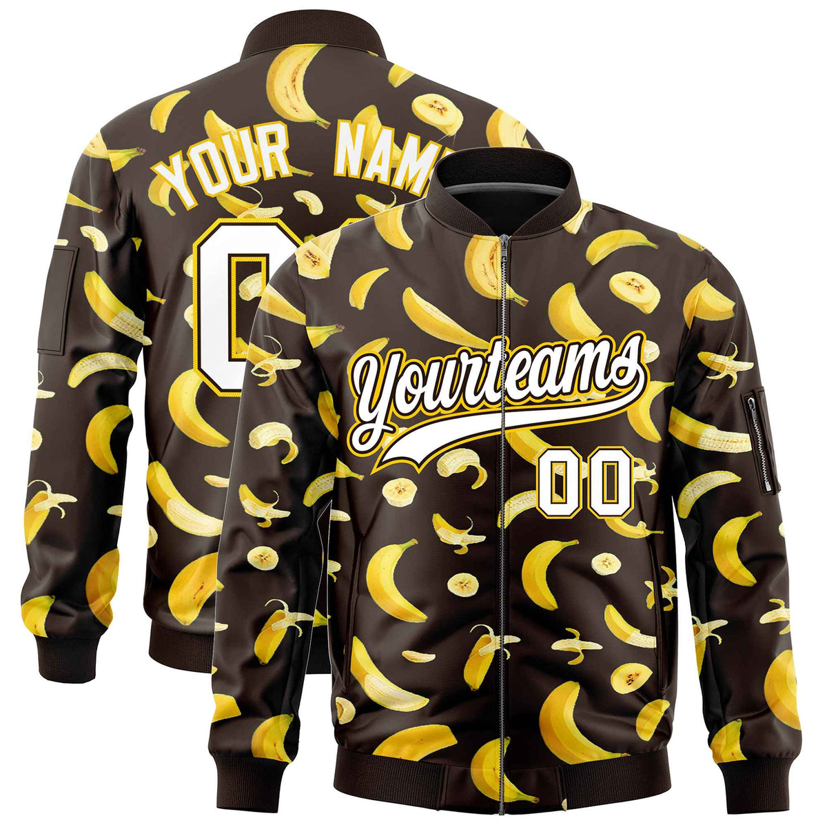 Custom Brown Varsity Full-Zip Banana Pattern Letterman Bomber Jacket | Graffiti Pattern | Embroidery&Dye-sublimation printing | KXKSHOP