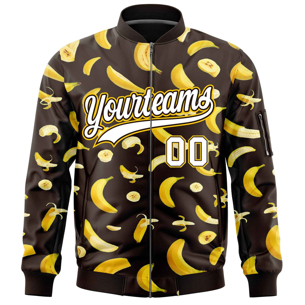 Custom Brown Varsity Full-Zip Banana Pattern Letterman Bomber Jacket | Graffiti Pattern | Embroidery&Dye-sublimation printing | KXKSHOP