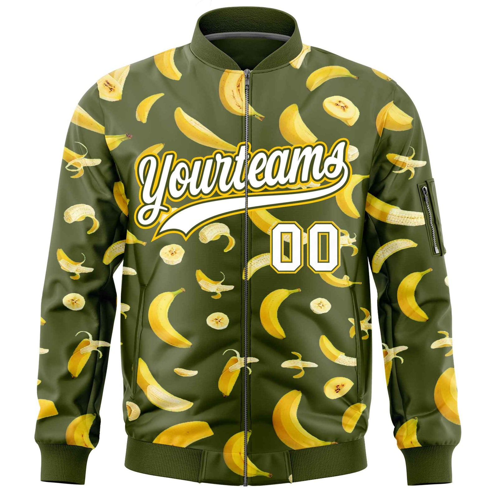 Custom Olive Varsity Full-Zip Banana Pattern Letterman Bomber Jacket | Graffiti Pattern | Embroidery&Dye-sublimation printing | KXKSHOP