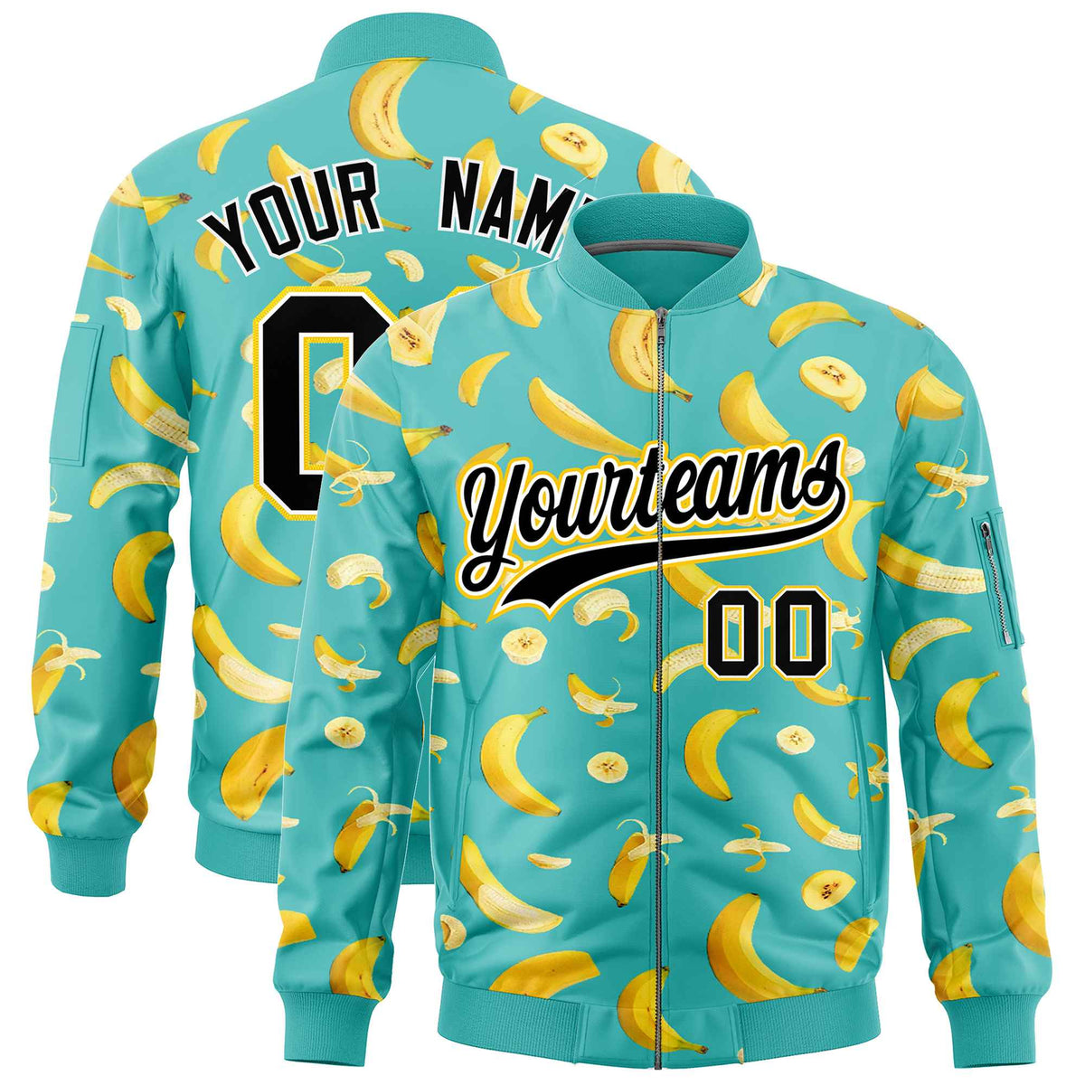Custom Teal Varsity Full-Zip Banana Pattern Letterman Bomber Jacket | Graffiti Pattern | Embroidery&amp;Dye-sublimation printing | KXKSHOP