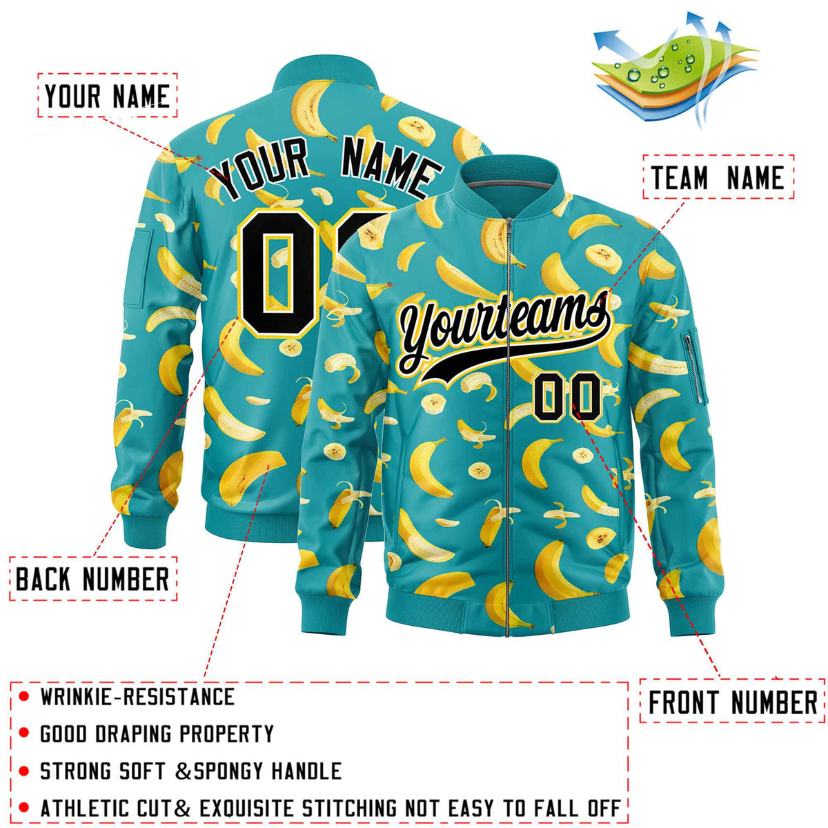 Custom Aqua Varsity Full-Zip Banana Pattern Letterman Bomber Jacket | Graffiti Pattern | Embroidery&amp;Dye-sublimation printing | KXKSHOP