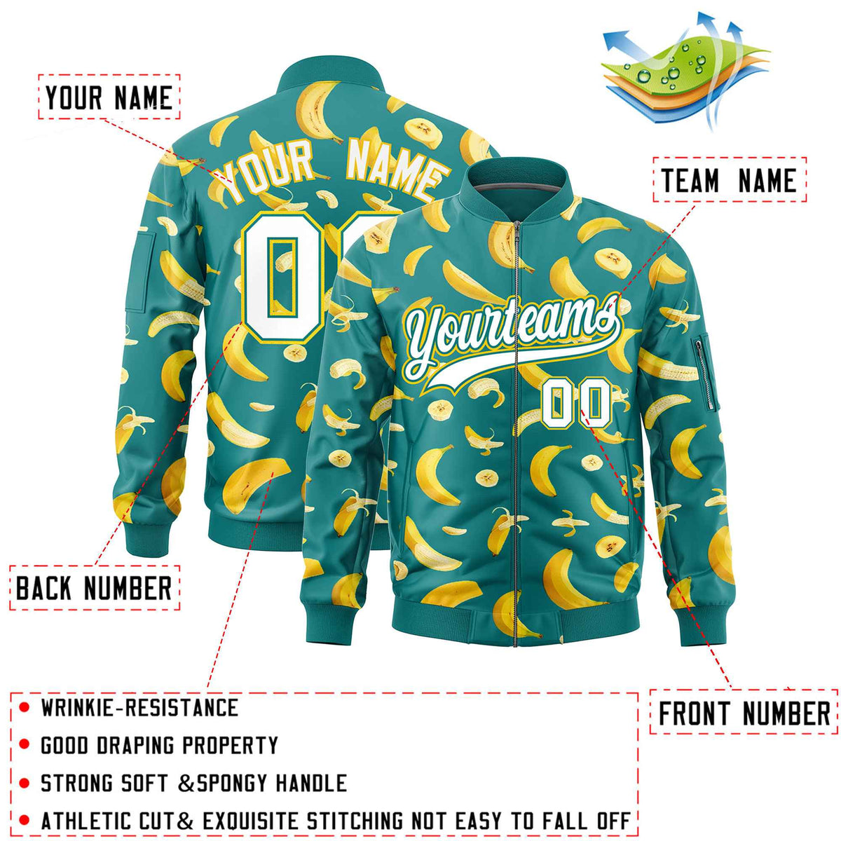 Custom Teal Varsity Full-Zip Banana Pattern Letterman Bomber Jacket | Graffiti Pattern | Embroidery&amp;Dye-sublimation printing | KXKSHOP